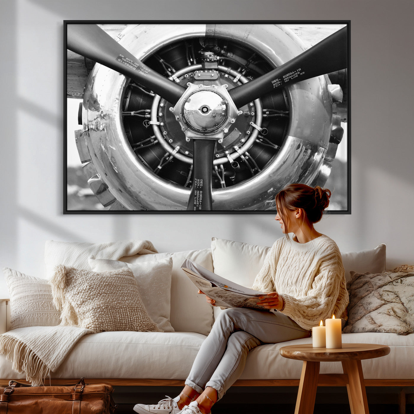 73322230-MGV-CV-36X24 - Vintage Propeller Plane Wall Art Canvas Print, Black and White Airplane Engine Close Up Framed Aviation Artwork for Pilot Office Hangar Decor