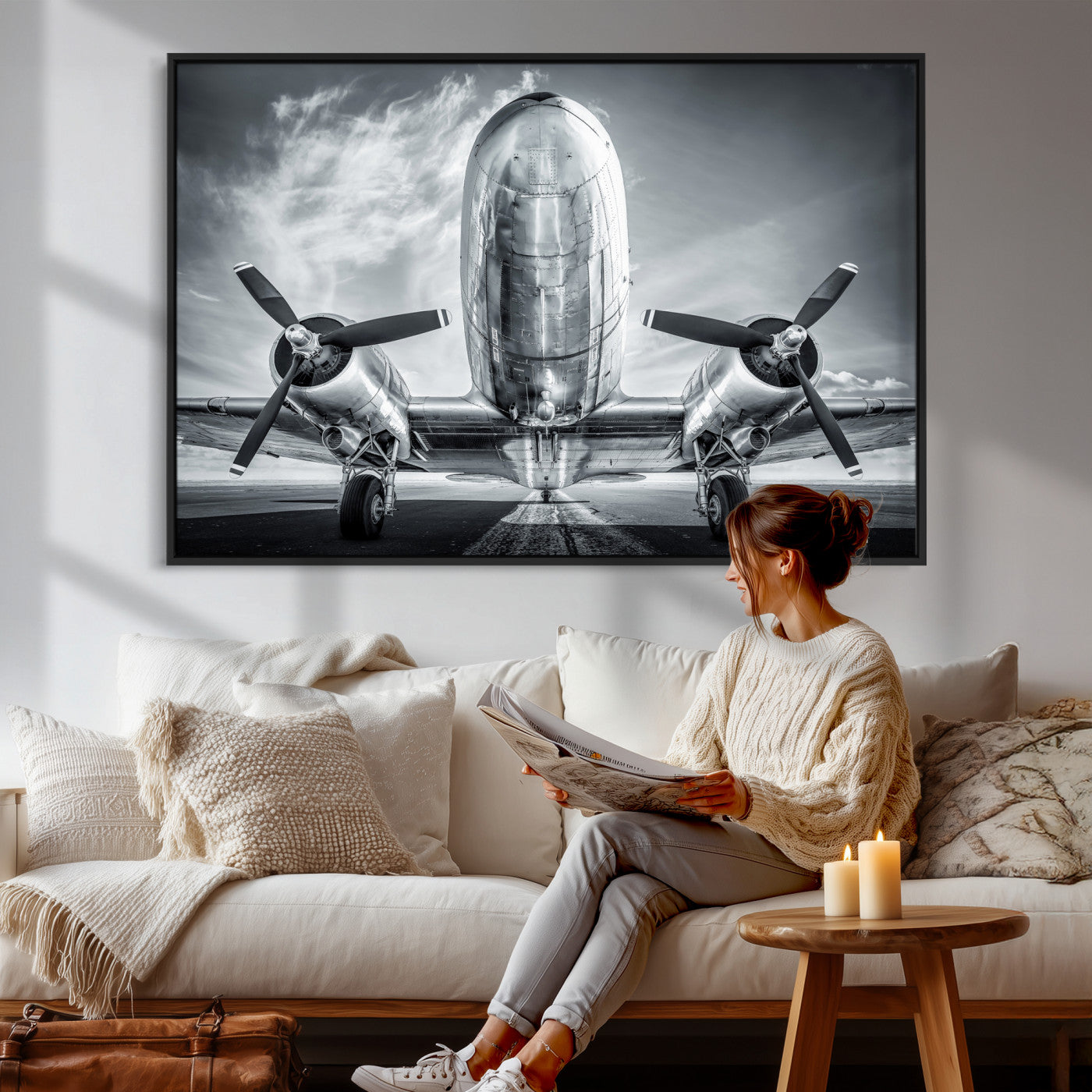 59729636-MGV-CV-36X24 - Vintage Propeller Plane Wall Art Canvas Print, Black and White Airplane Engine Close Up Framed Aviation Artwork for Pilot Office Hangar Decor