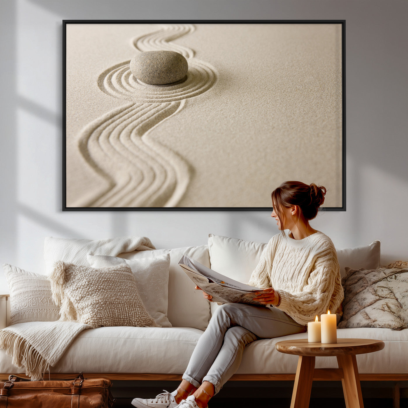 66852661-MGV-CV-36X24 - Zen Garden Stone Sand Canvas | Japanese Rock Garden Wall Art | Minimalist Meditation Print | Neutral Beige Mindfulness Decor