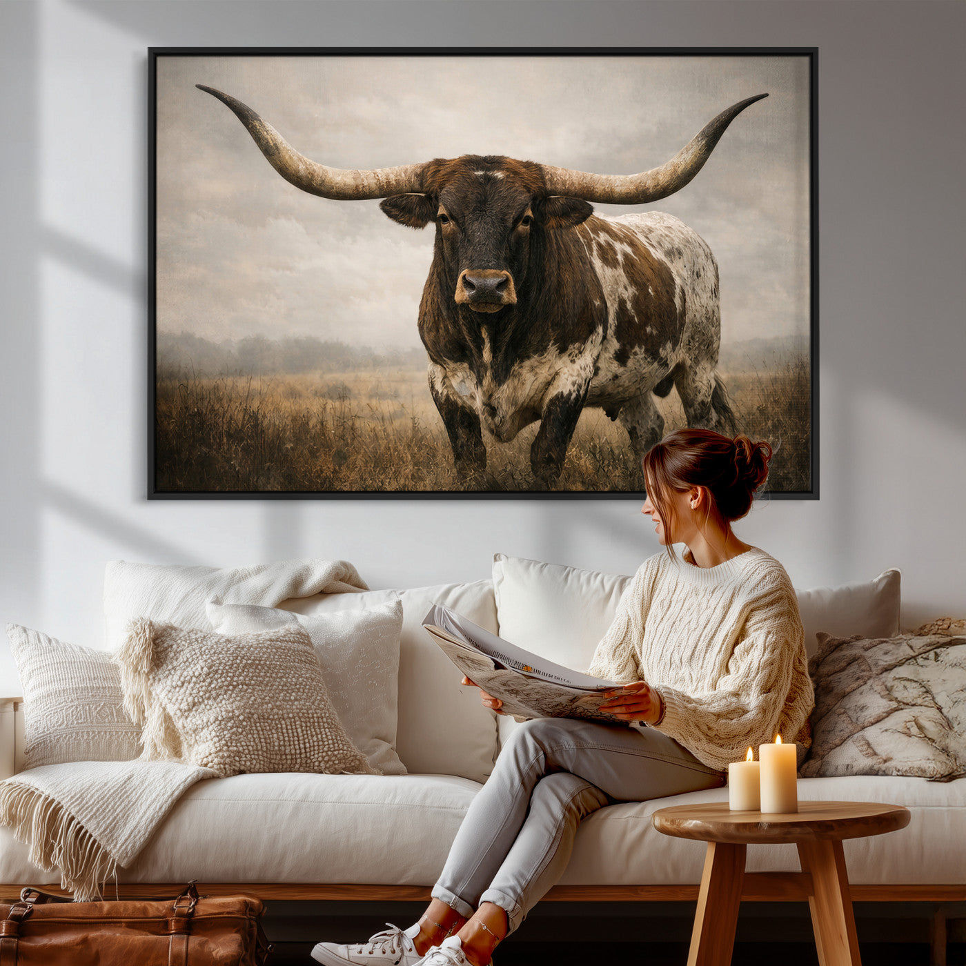 17622011L-MGV-CV-36X24 - Longhorn Bull Wall Art Canvas Print, Western Farmhouse Cowboy Decor, Rustic Texas Ranch Cattle Artwork for Living Room Bedroom Office, Framed Wall Decor
