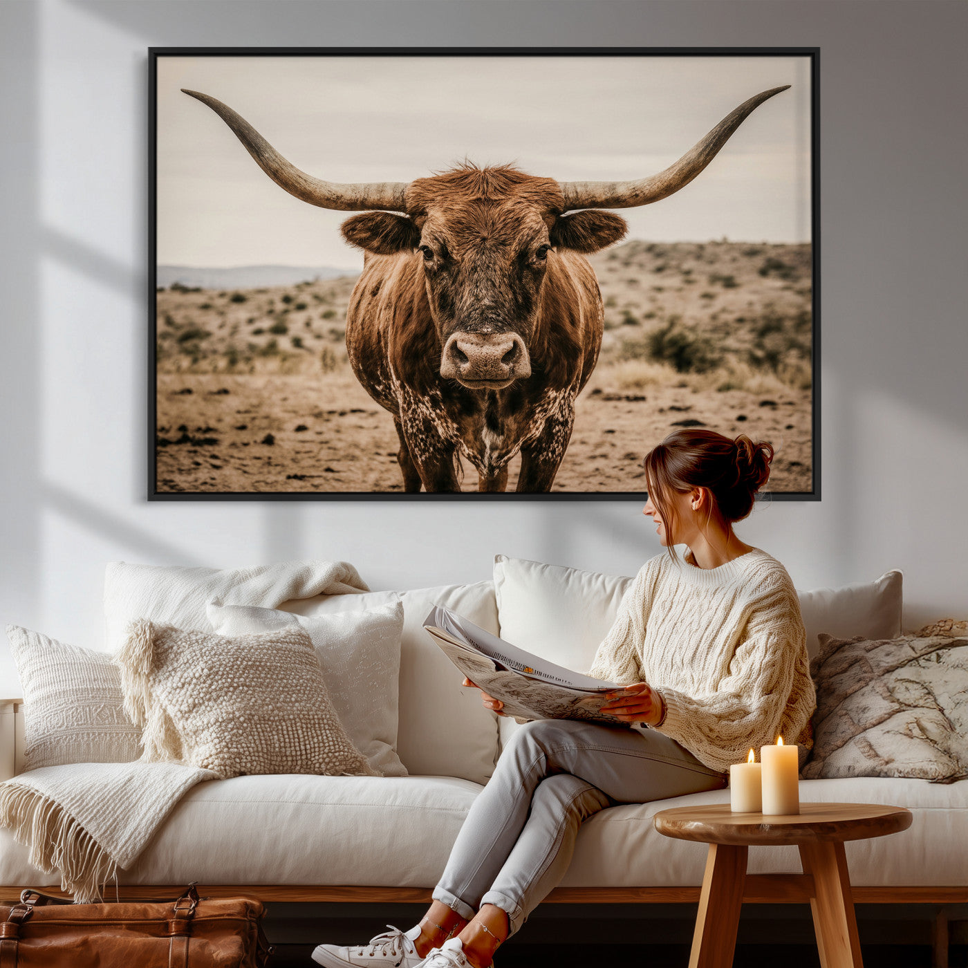 17622011K-MGV-CV-36X24 - Texas Longhorn Bull Wall Art Canvas Print, Western Farmhouse Cowboy Decor, Rustic Texas Ranch Cattle Artwork for Living Room Bedroom Office, Framed Wall Decor