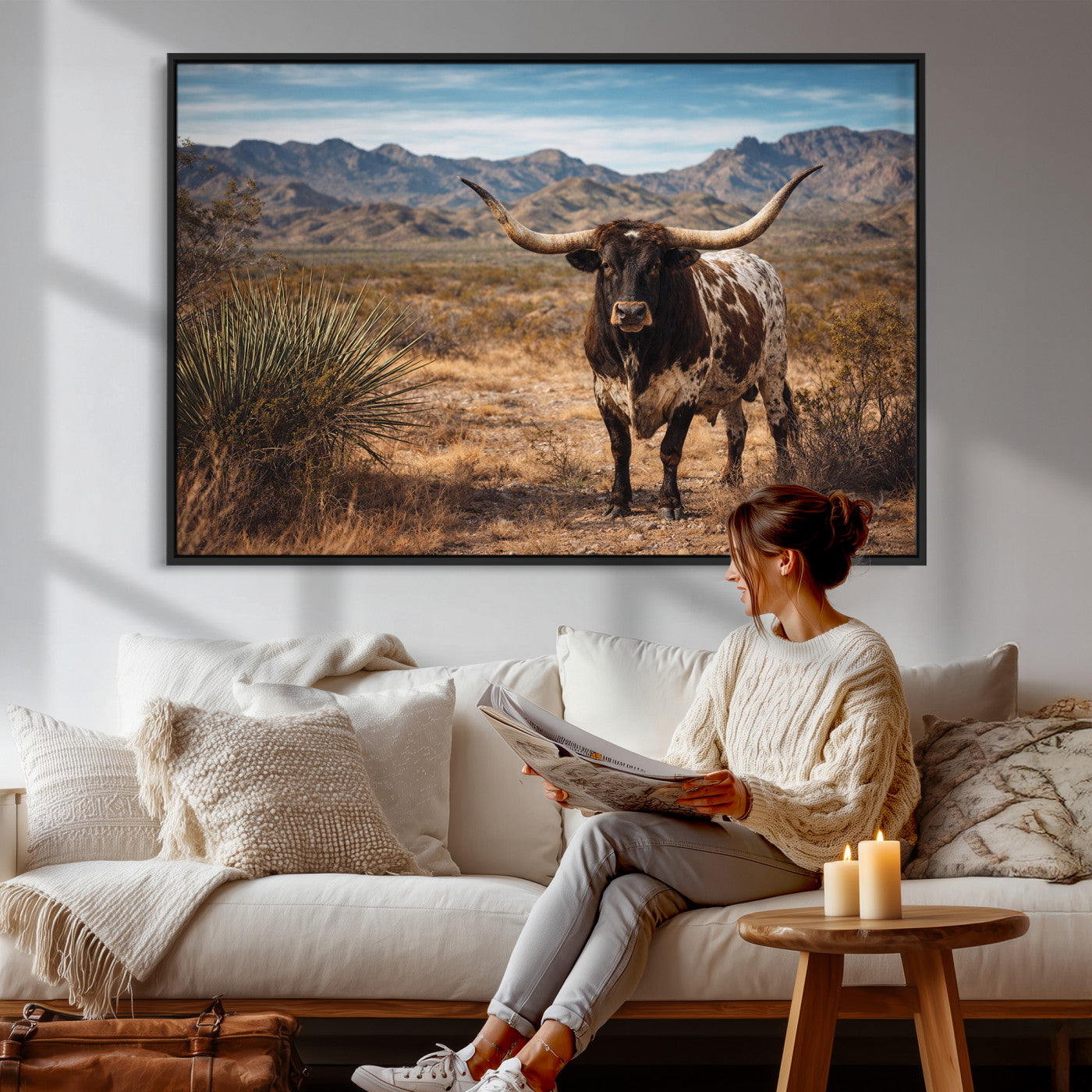 17622011S-MGV-CV-36X24 - Texas Longhorn Bull Wall Art Canvas Print, Western Farmhouse Cowboy Decor, Rustic Texas Ranch Cattle Artwork for Living Room Bedroom Office, Framed Wall Decor