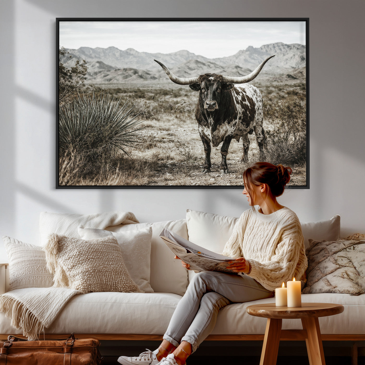 17622011H-MGV-CV-36X24 - Texas Longhorn Bull Wall Art Canvas Print, Western Farmhouse Cowboy Decor, Rustic Texas Ranch Cattle Artwork for Living Room Bedroom Office, Framed Wall Decor