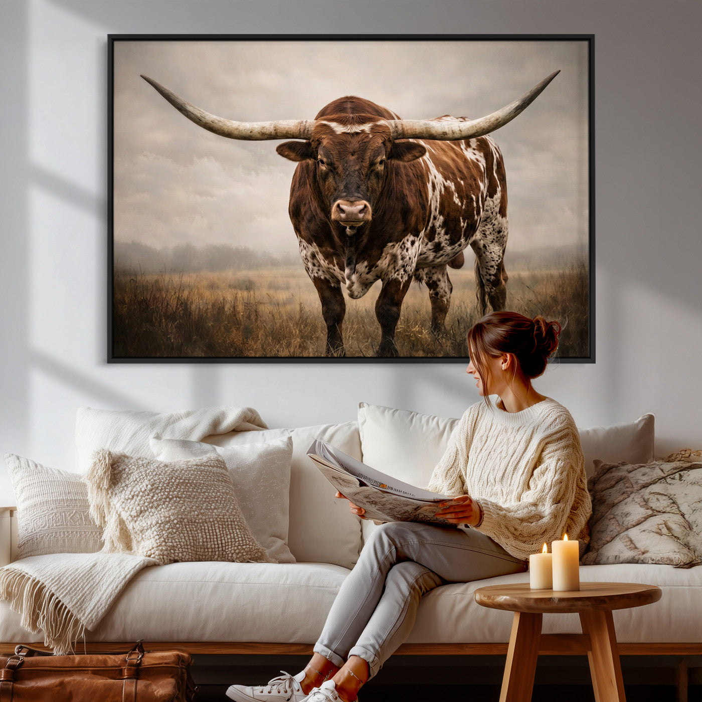 25239047-MGV-CV-36X24 - Texas Longhorn Canvas Wall Art Western Bull Desert Moody Grey Overcast Rustic Farmhouse Framed Large for Living Room Bedroom Office Decor