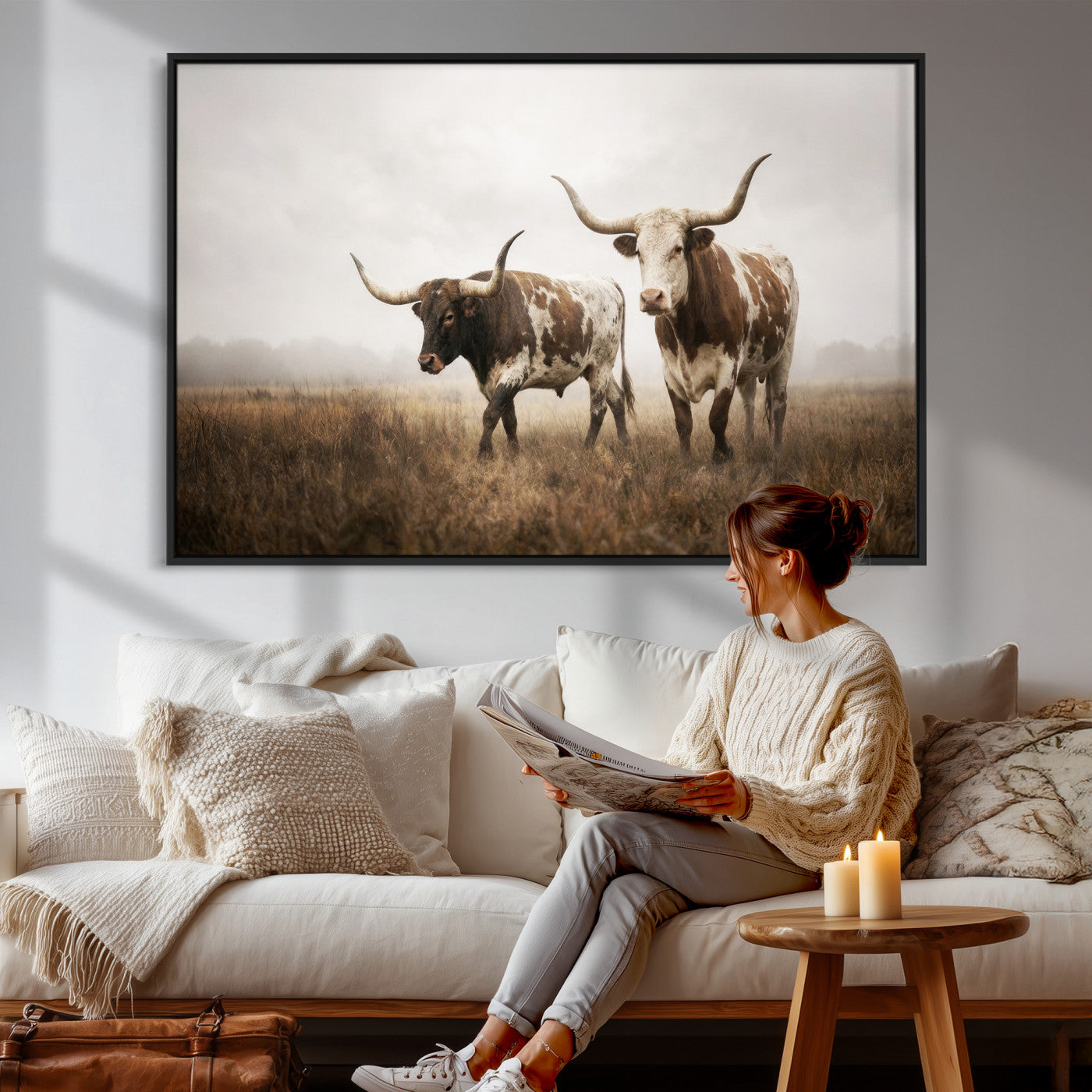 92881702-MGV-CV-36X24 - Texas Longhorn Canvas Wall Art Western Bull Desert Moody Grey Overcast Rustic Farmhouse Framed Large for Living Room Bedroom Office Decor