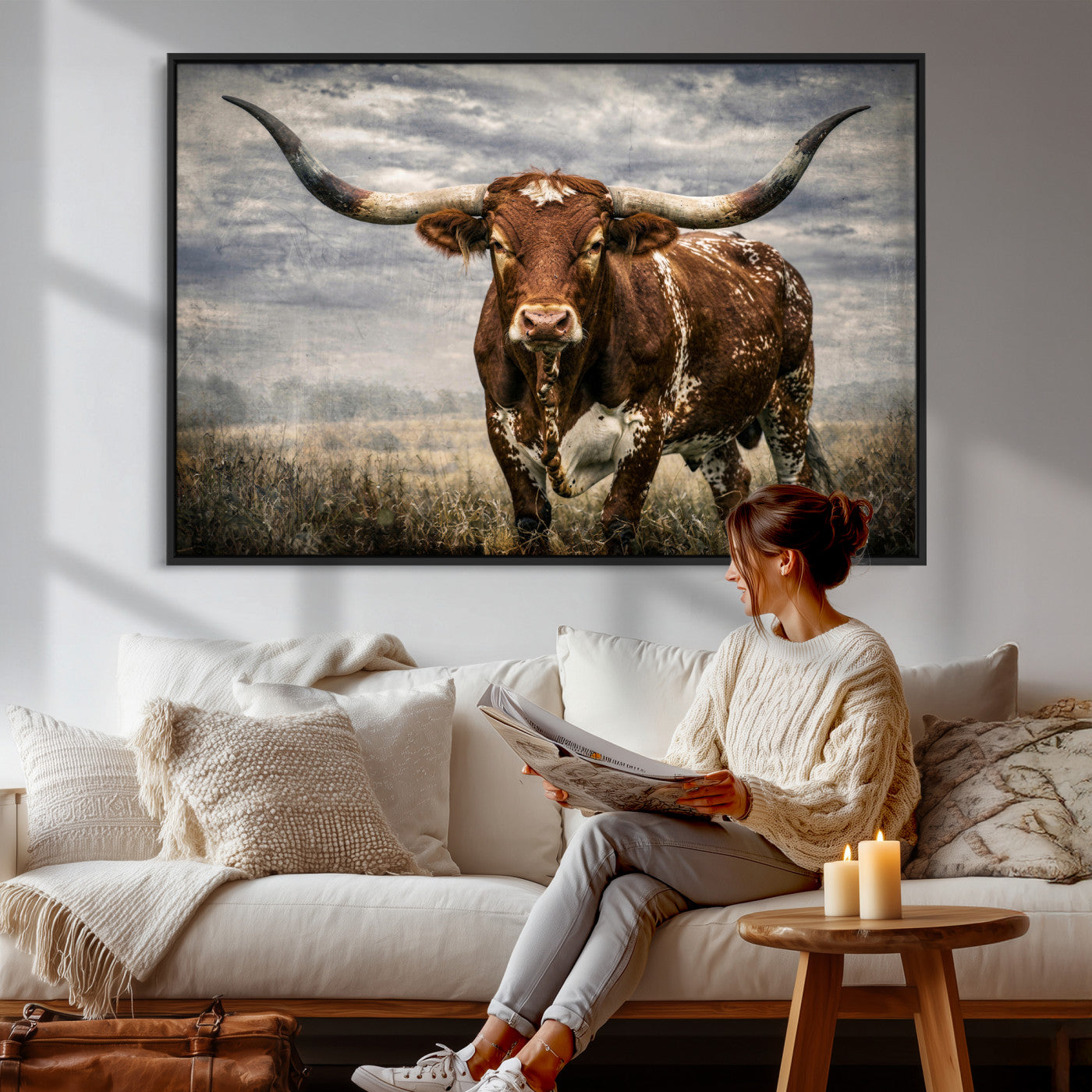 14372769-MGV-CV-36X24 - Texas Longhorn Canvas Wall Art Western Bull Desert Moody Grey Overcast Rustic Farmhouse Framed Large for Living Room Bedroom Office Decor