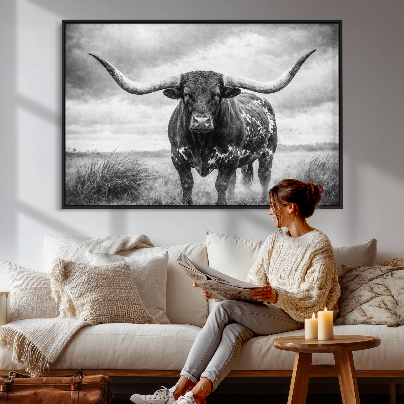 19951238-MGV-CV-36X24 - Texas Longhorn Canvas Wall Art Western Bull Desert Moody Grey Overcast Rustic Farmhouse Framed Large for Living Room Bedroom Office Decor