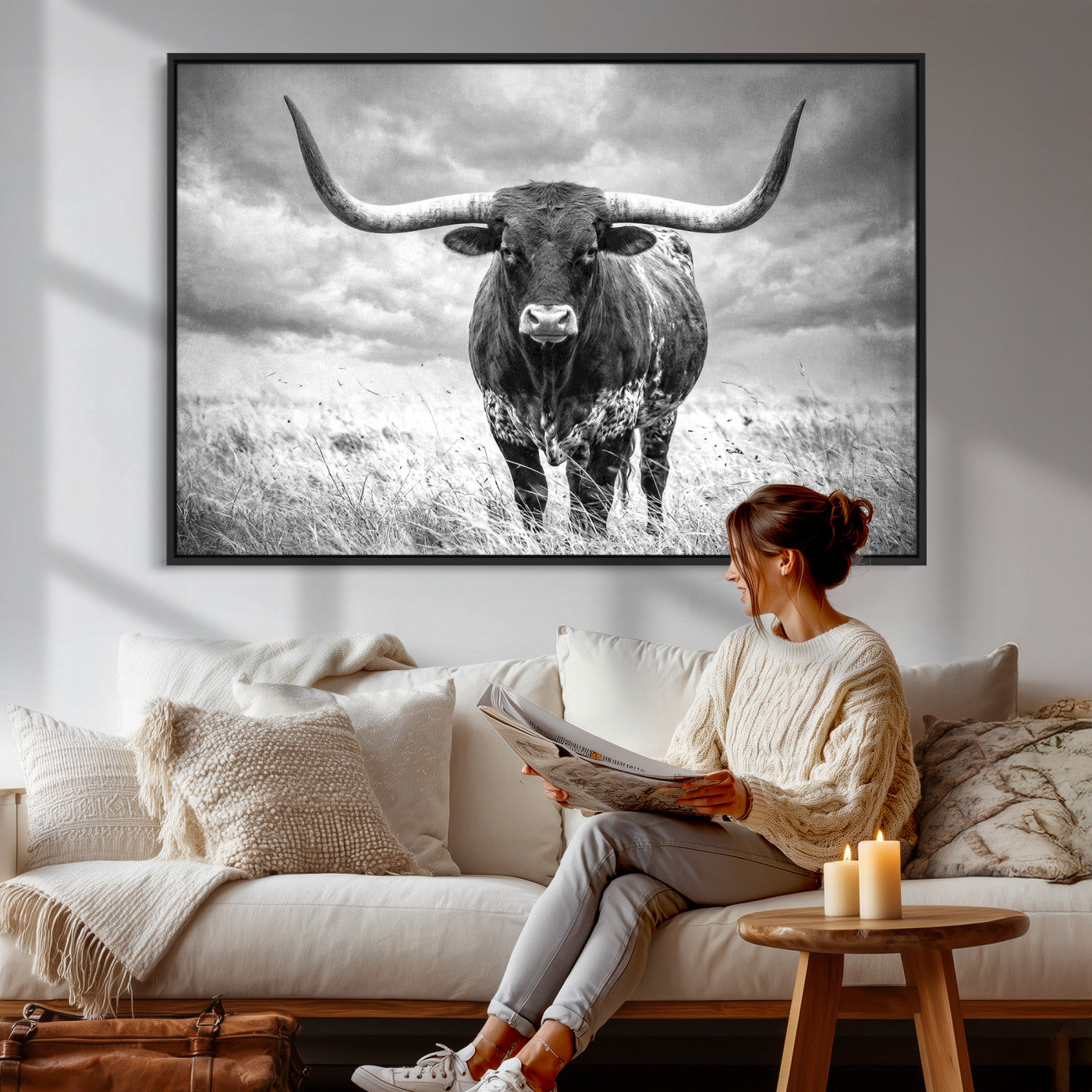 63336115-MGV-CV-36X24 - Texas Longhorn Canvas Wall Art Western Bull Desert Moody Grey Overcast Rustic Farmhouse Framed Large for Living Room Bedroom Office Decor