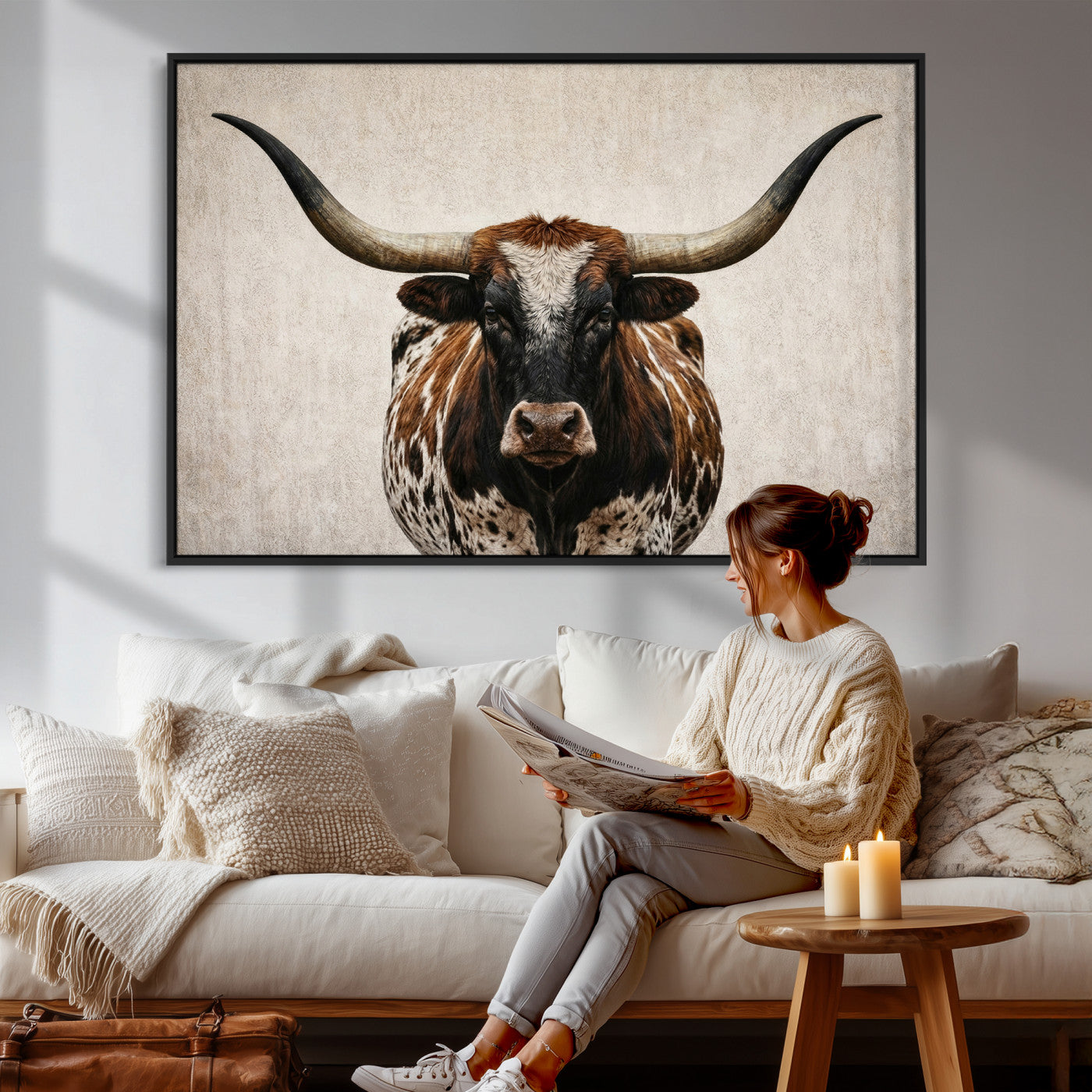 58622065-MGV-CV-36X24 - Texas Longhorn Canvas Wall Art Western Bull Desert Moody Grey Overcast Rustic Farmhouse Framed Large for Living Room Bedroom Office Decor