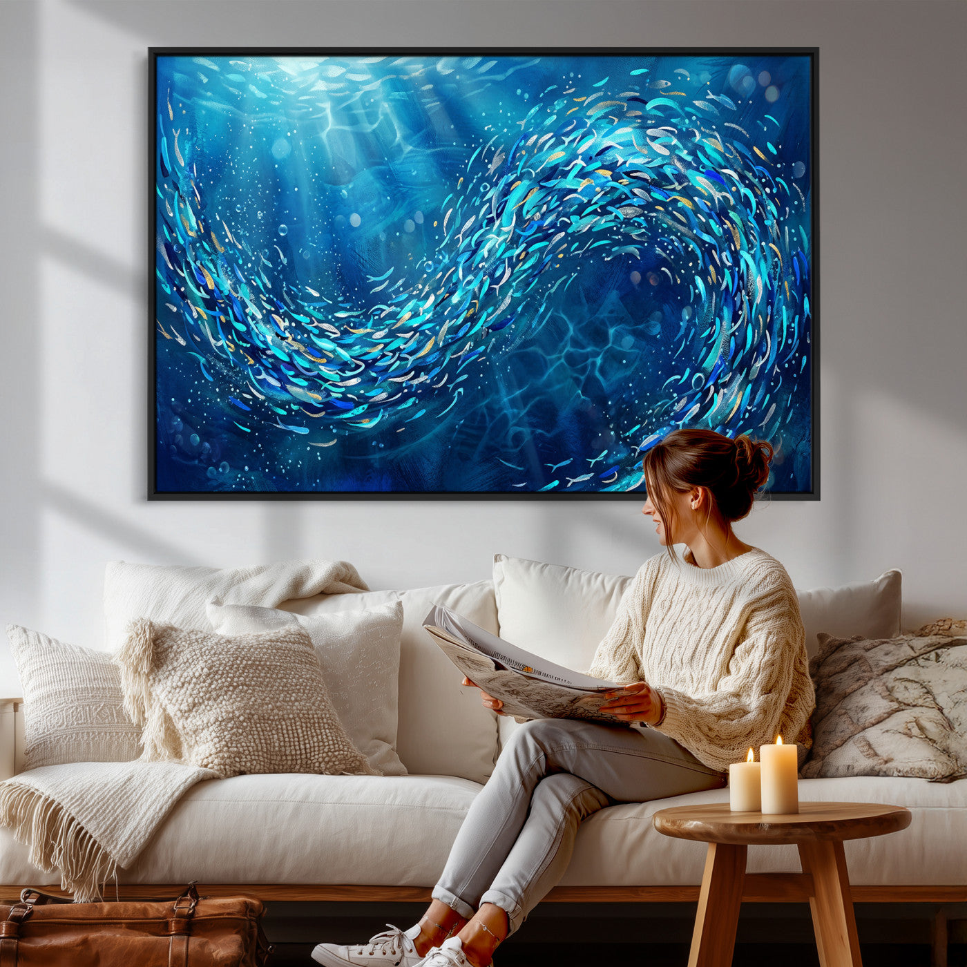 54535639-MGV-CV-36X24 - School of Fish Canvas Print | Blue Ocean Underwater Wall Art | Swirling Fish Shoal Illustration | Marine Navy Coastal Decor