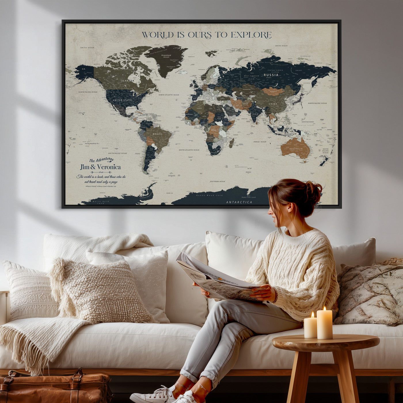 64110391126C-MGV-CV-36X24 - Custom Push Pin World Map Wall Art Canvas Print – Personalized Travel Tracker with Pins Framed Large for Home and Office Decor