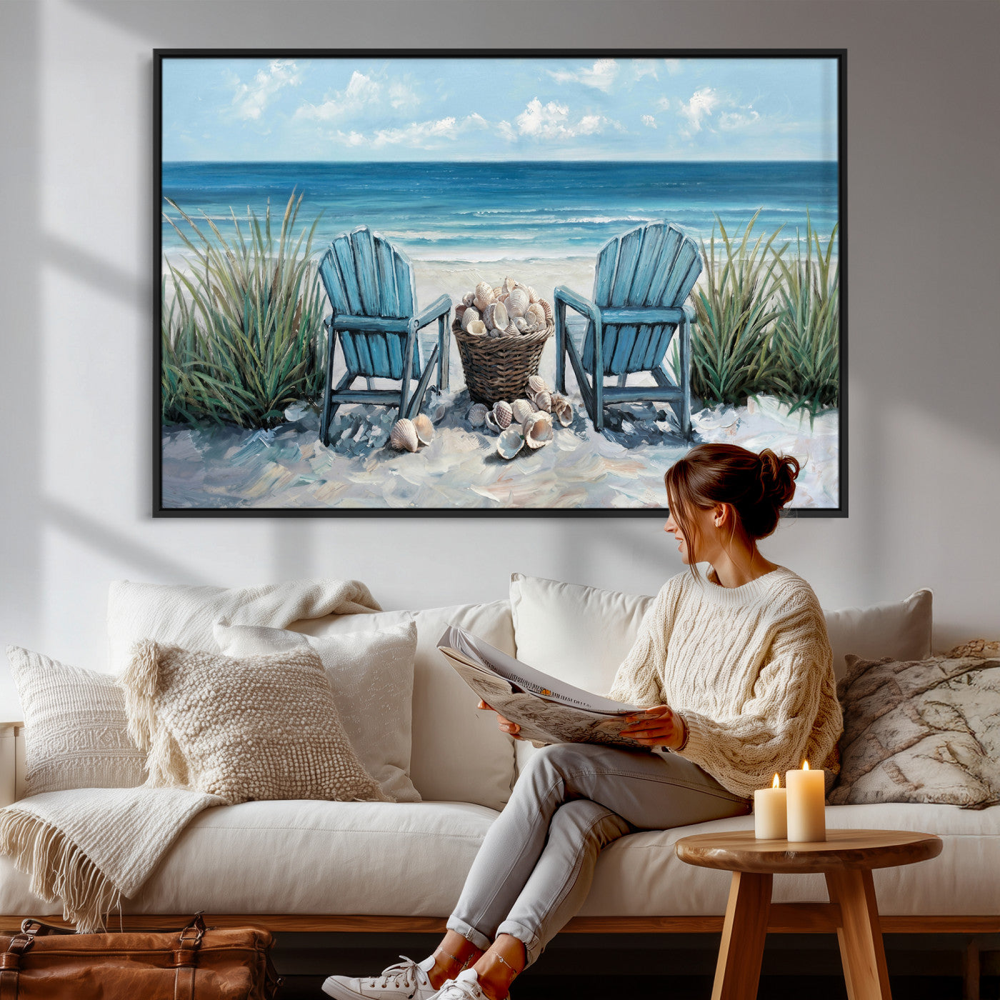 11973028-MGV-CV-36X24 - Beach Canvas Wall Art Coastal Adirondack Chairs Ocean Seashells Blue Nautical Framed Large for Living Room Bedroom Bathroom Decor