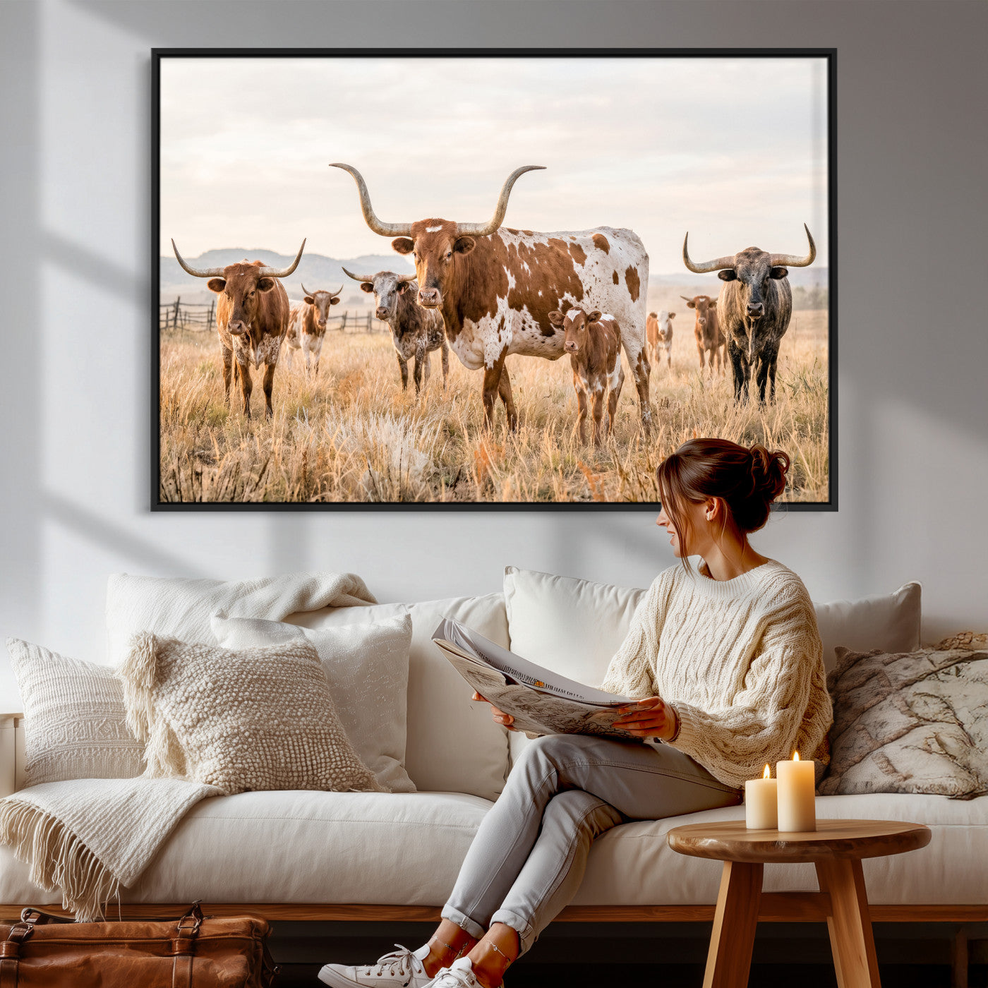 62336425AC-MGV-CV-36X24 - Texas Longhorn Canvas Wall Art, Rustic Farm Animal Photography Print, Farmhouse Country Decor, Western Ranch Art
