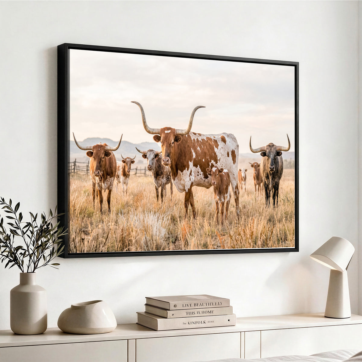 62336425AC-MGV-CV-36X24 - Texas Longhorn Canvas Wall Art, Rustic Farm Animal Photography Print, Farmhouse Country Decor, Western Ranch Art