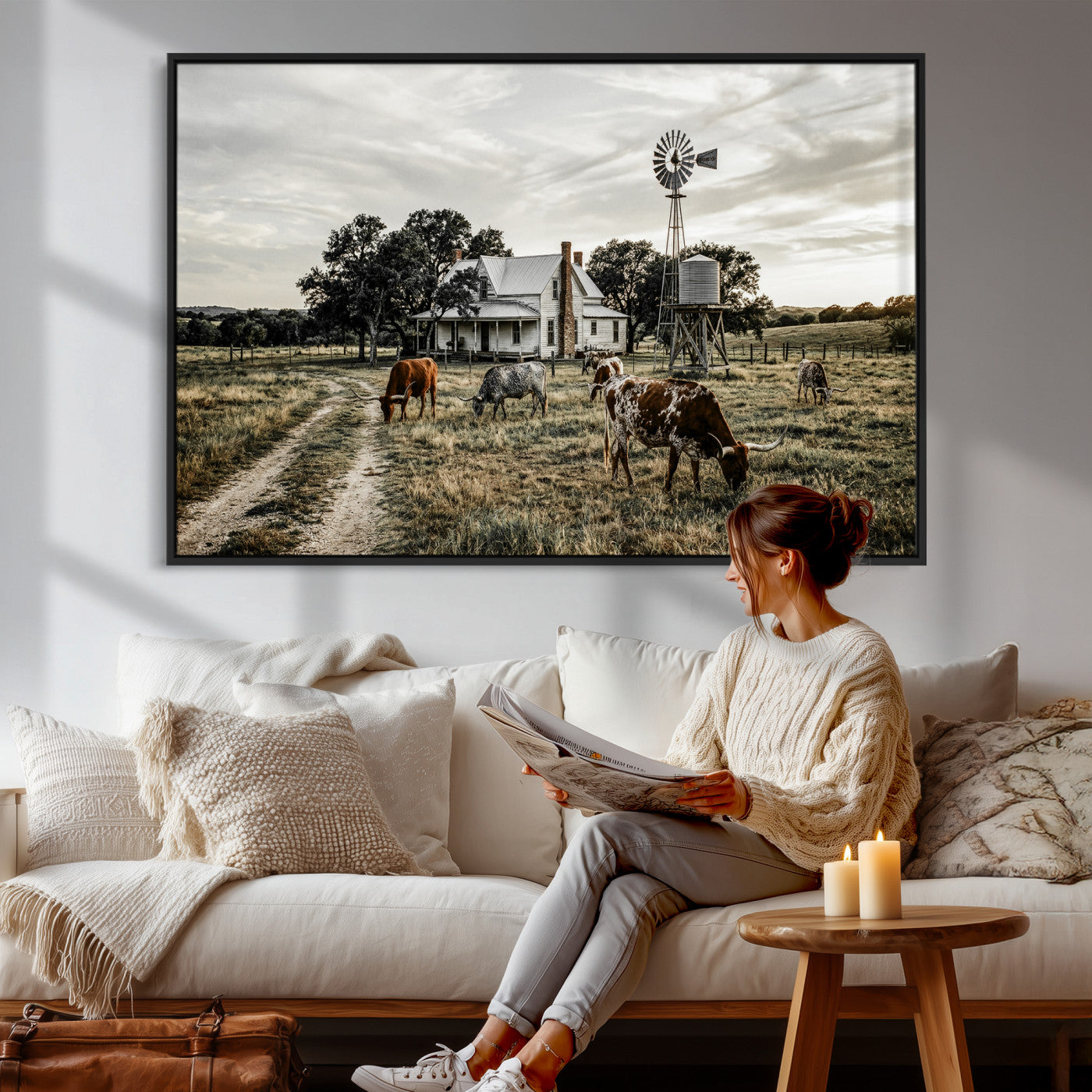 92429425-MGV-CV-36X24 - Texas Longhorn Ranch Wall Art Canvas Print, Rustic Western Farmhouse Decor, Country Landscape Canvas Wall Art, Vintage Cowboy Ranch Picture