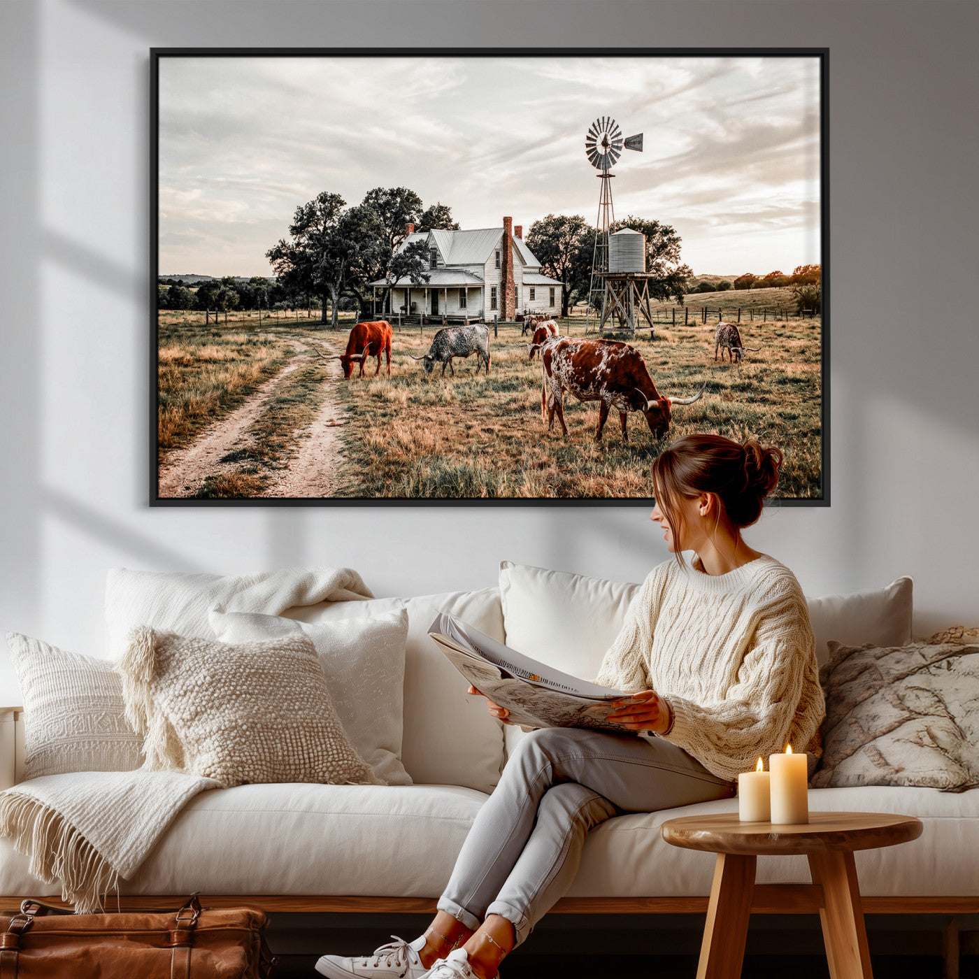 92429425-MGV-CV-36X24 - Texas Longhorn Ranch Wall Art Canvas Print, Rustic Western Farmhouse Decor, Country Landscape Canvas Wall Art, Vintage Cowboy Ranch Picture