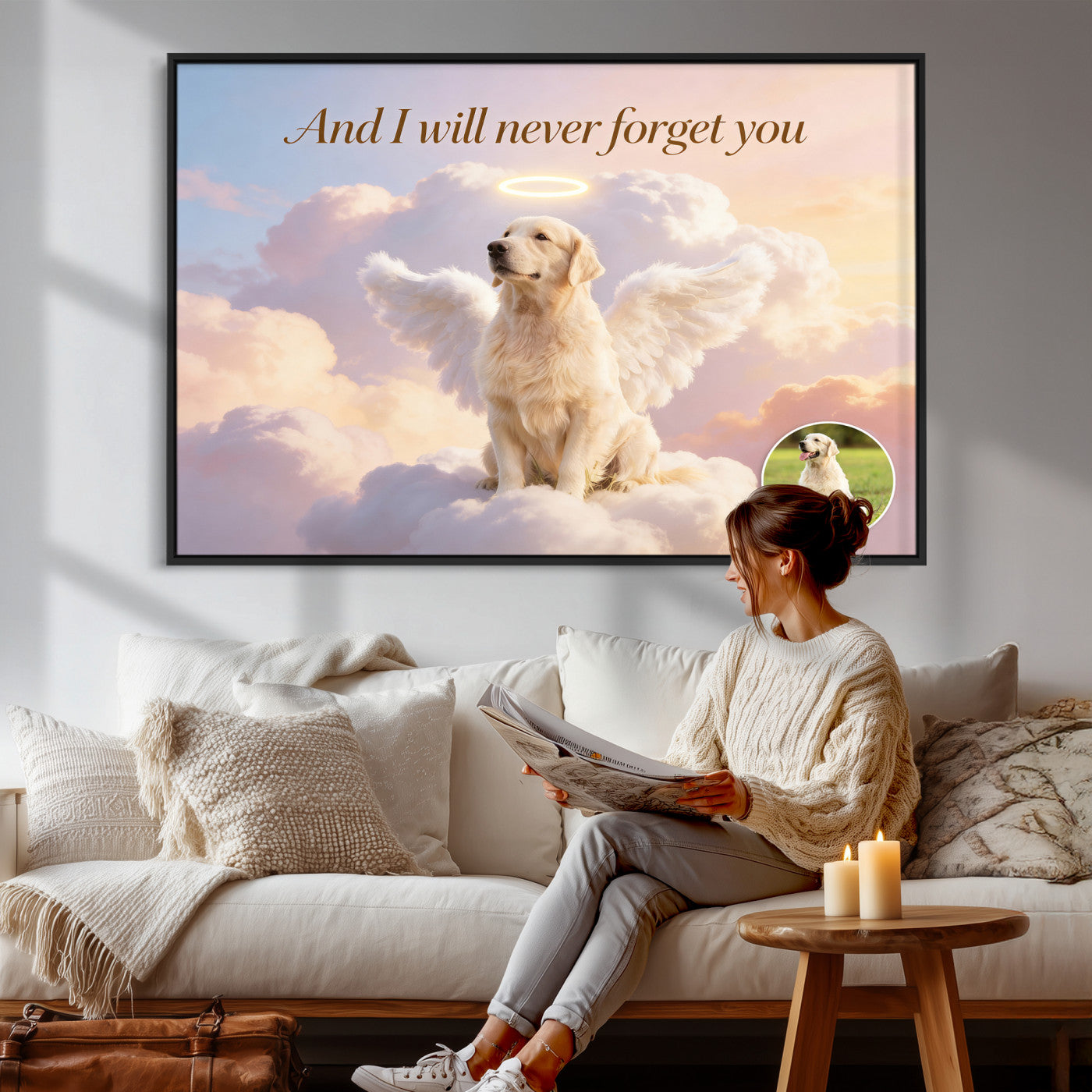 70743146-MGV-CV-36X24 - Pet Memorial Wall Art Canvas Print, Custom Dog Memorial Portrait, Personalized Angel Pet Loss Gift, Angel Wings Puppy Print