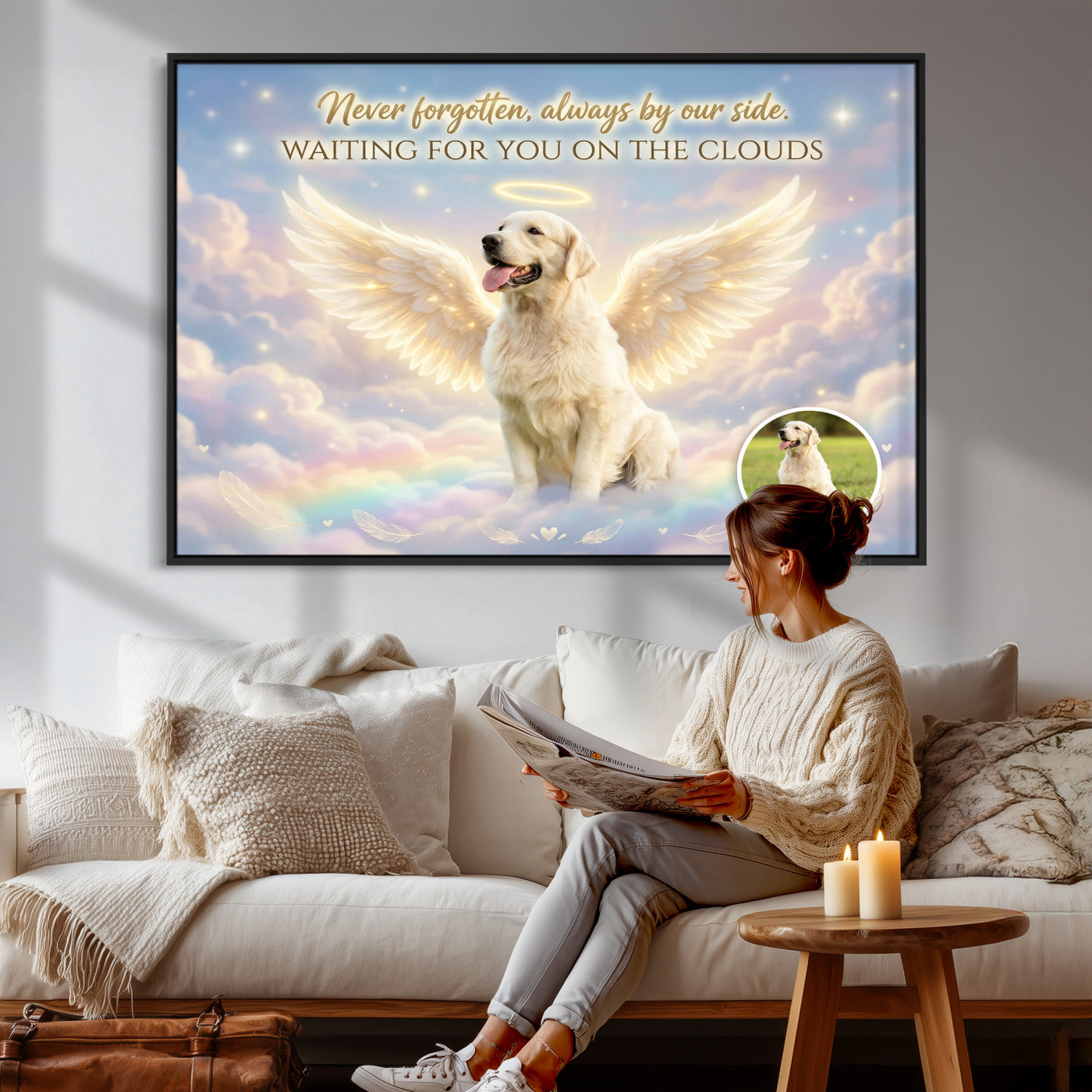 89664149-MGV-CV-36X24 - Pet Memorial Wall Art Canvas Print, Custom Dog Memorial Portrait, Personalized Angel Pet Loss Gift, Angel Wings Puppy Print