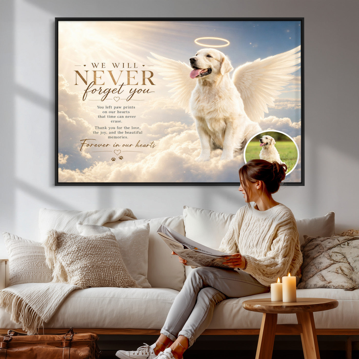 60312671-MGV-CV-36X24 - Pet Memorial Wall Art Canvas Print, Custom Dog Memorial Portrait, Personalized Angel Pet Loss Gift, Angel Wings Puppy Print