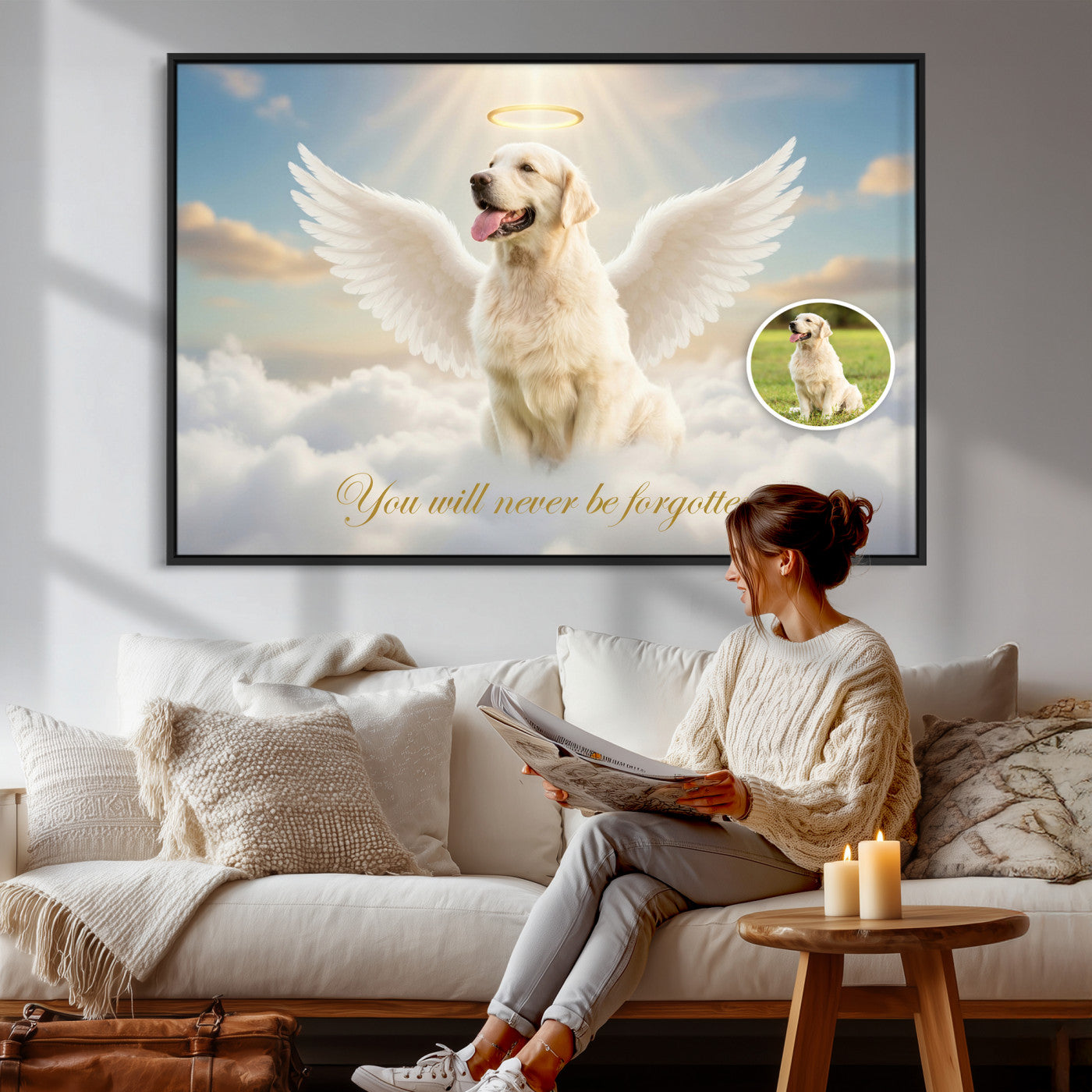 59821082-MGV-CV-36X24 - Pet Memorial Wall Art Canvas Print, Custom Dog Memorial Portrait, Personalized Angel Pet Loss Gift, Angel Wings Puppy Print
