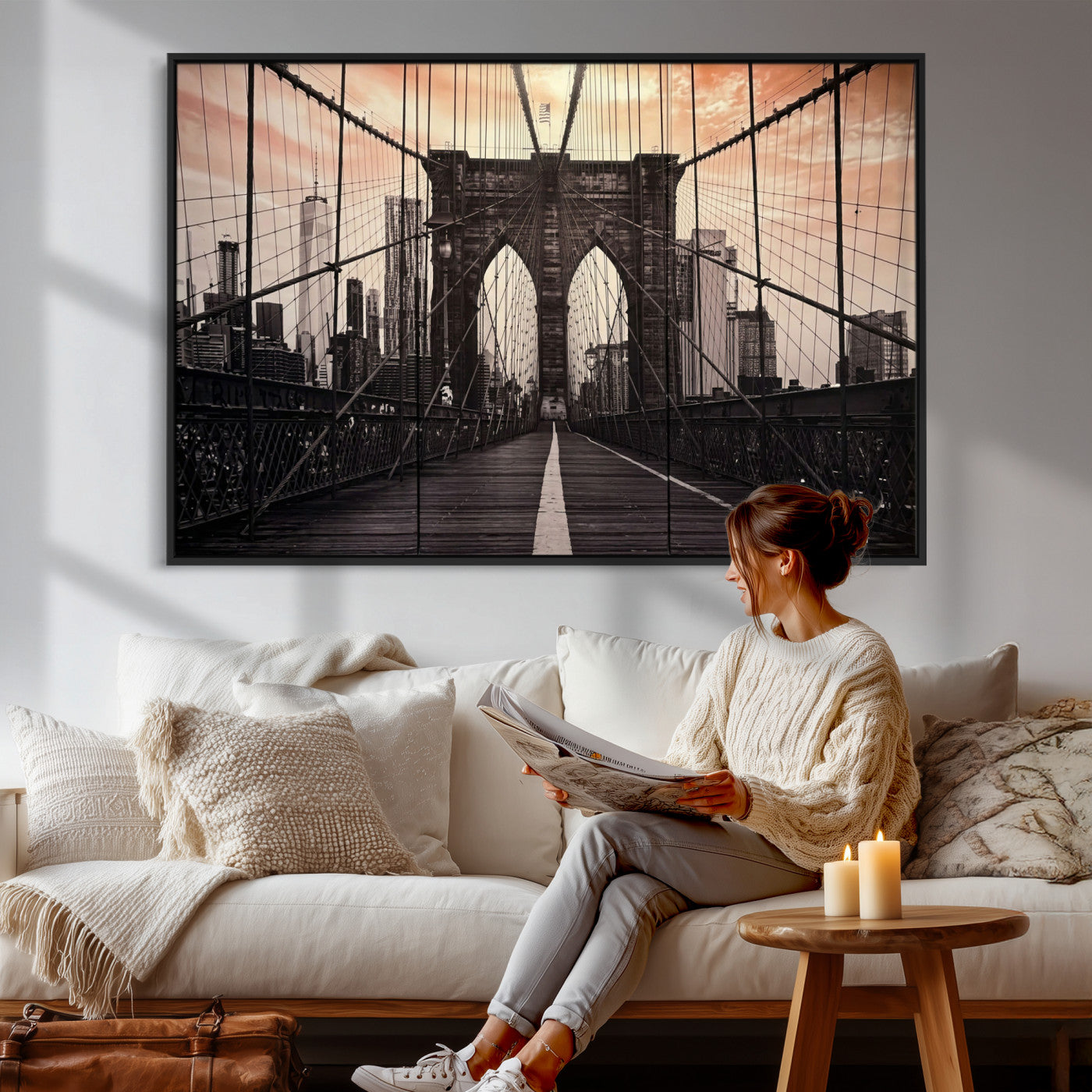 93226664-MGV-CV-36X24 - Brooklyn Bridge Canvas Wall Art, New York City Skyline Photography Print, NYC Landmark Urban Decor Artwork