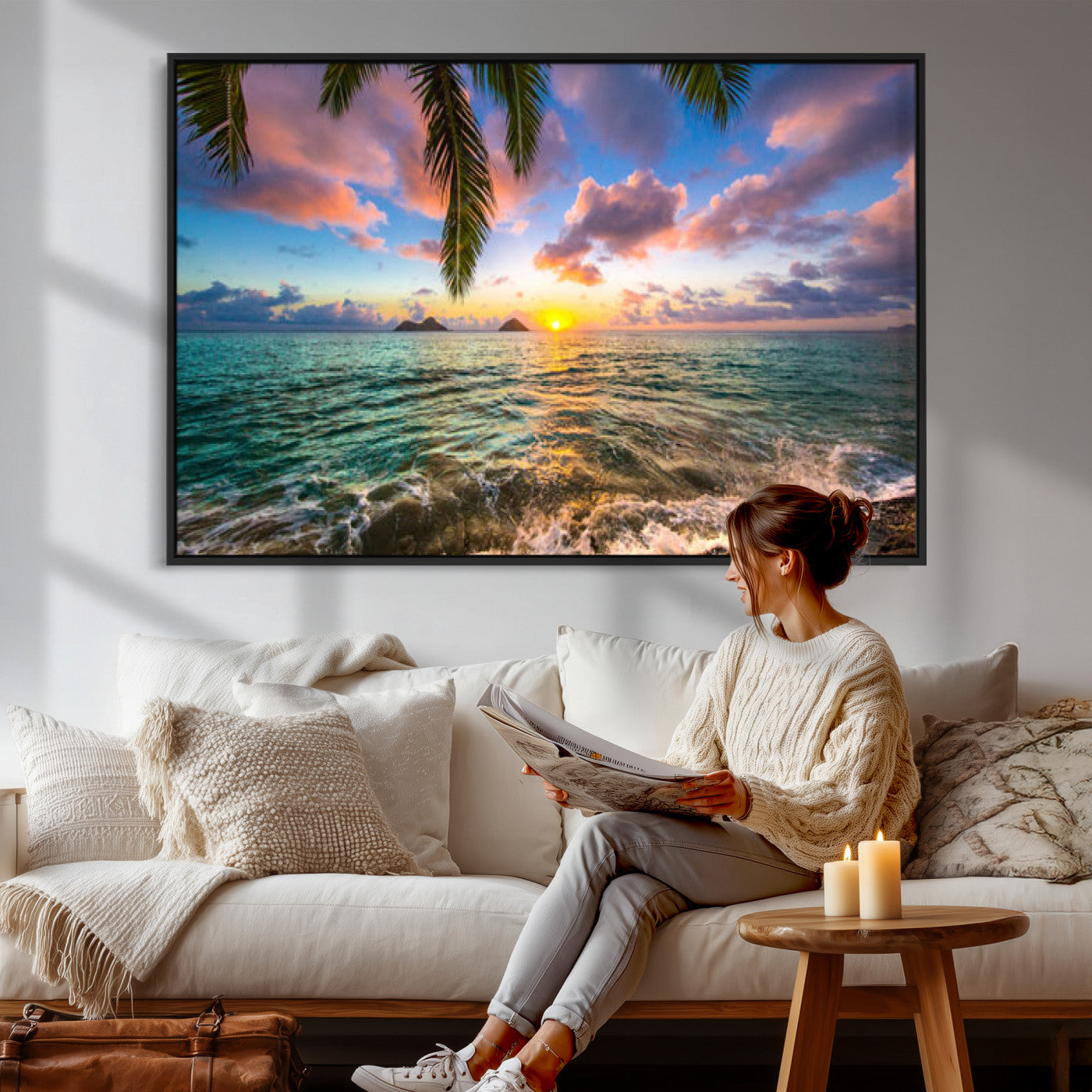 13207742-MGV-CV-36X24 - Hawaii Beach Sunset Canvas Wall Art Print, Tropical Ocean Landscape Artwork, Palm Tree Coastal Decor for Living Room Bedroom
