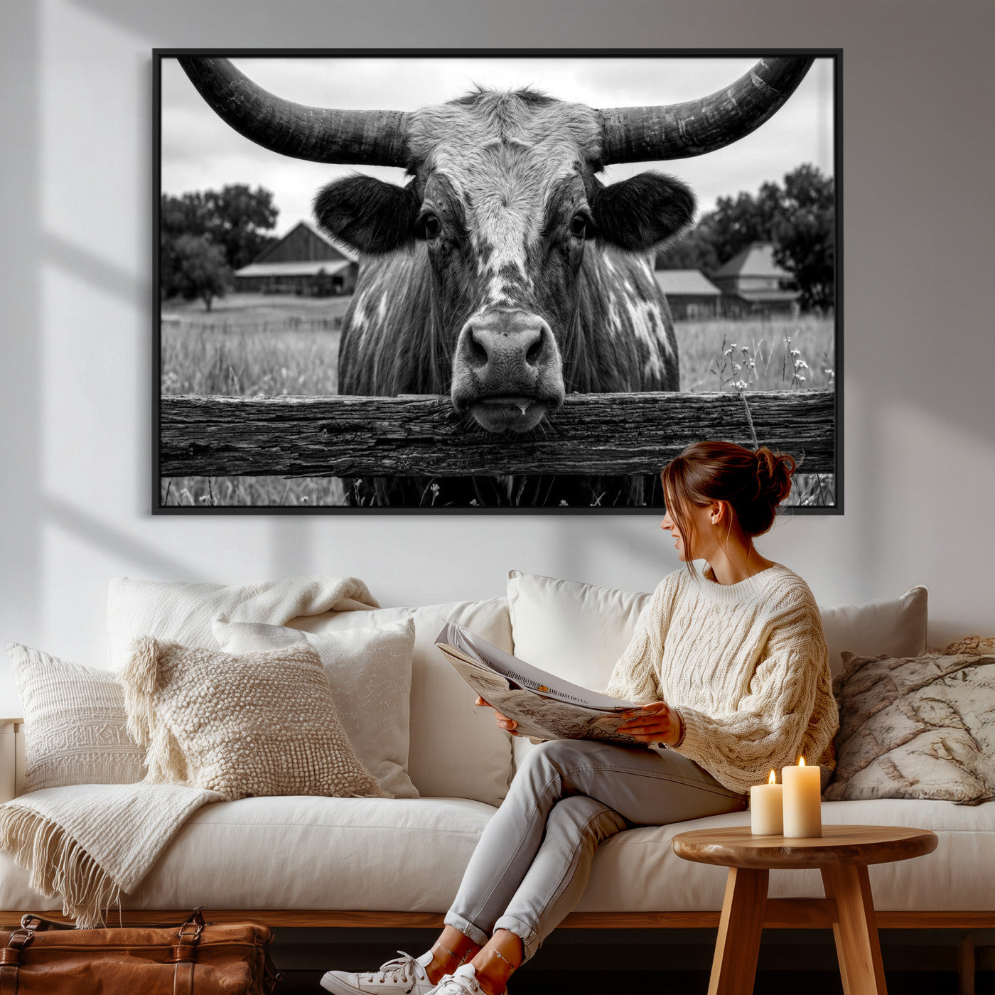 59378683B-MGV-CV-36X24 - Black White Texas Longhorn Bull Canvas Wall Art, Western Ranch Cattle Photography Print, Rustic Farmhouse Cowboy Decor Artwork