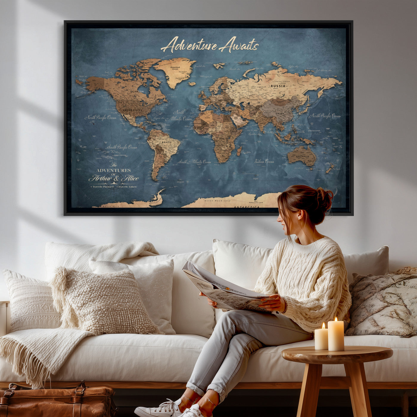 14637271-MGV-CV-36X24 - Custom Push Pin World Map Canvas | Personalized Travel Tracker | Wedding Anniversary Gift for Couples | Adventure Map Wall Art with Pins