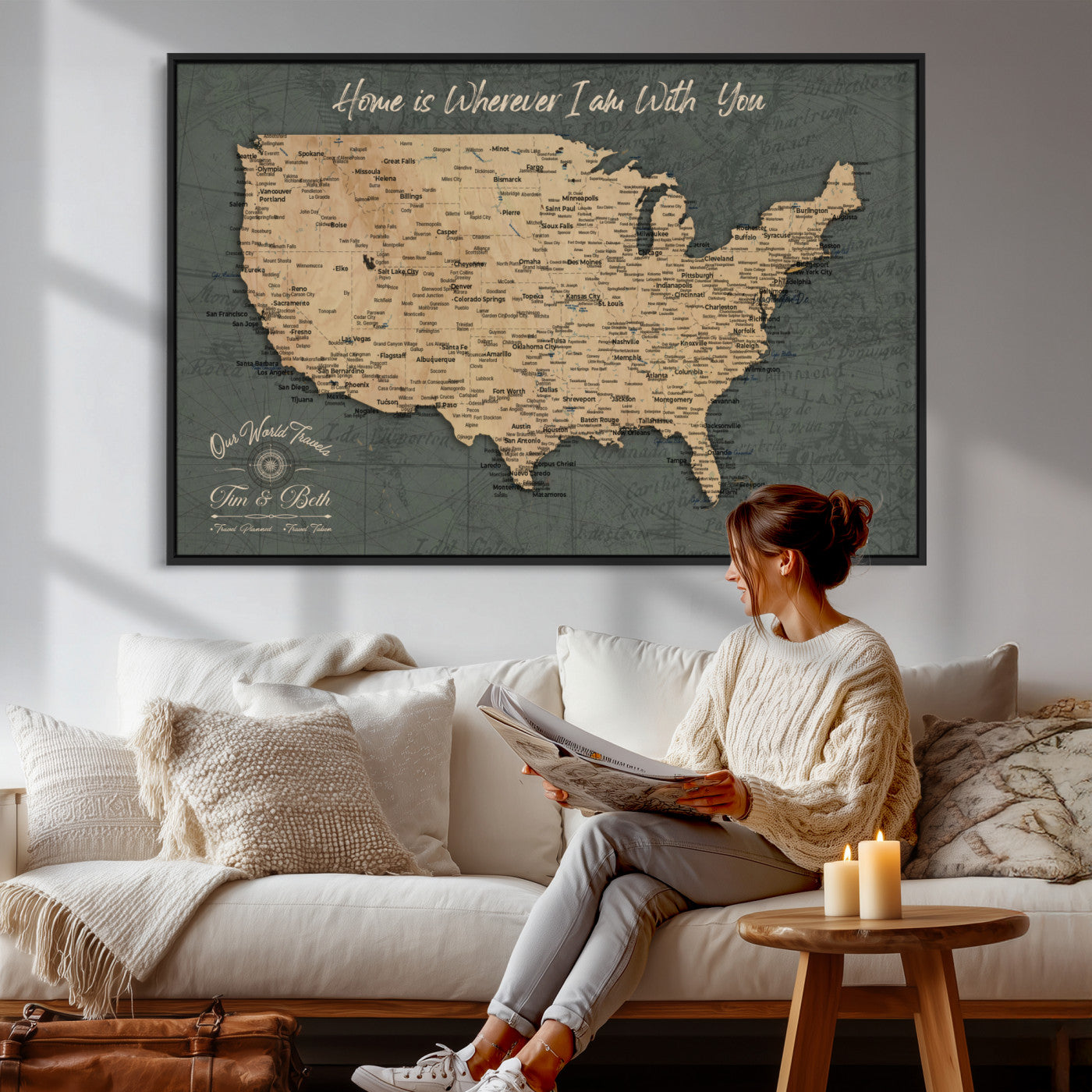 41270900-MGV-CV-36X24 - Custom Push Pin US Map Canvas | Personalized Travel Tracker | USA Cities Map Anniversary Gift for Couples | Adventure America Map Wall Art with Pins