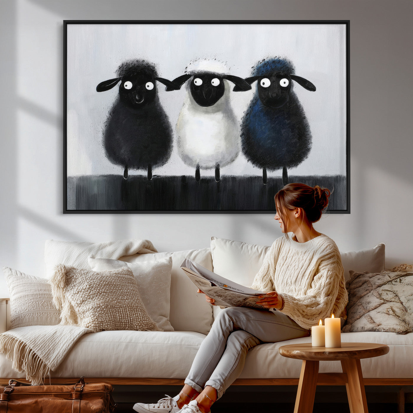 45650028-MGV-CV-36X24 - Funny Sheep Canvas Wall Art, Three Quirky Sheep Painting Print, Cute Animal Nursery Decor, Black White Navy Farmhouse Art, Kids Room Gift