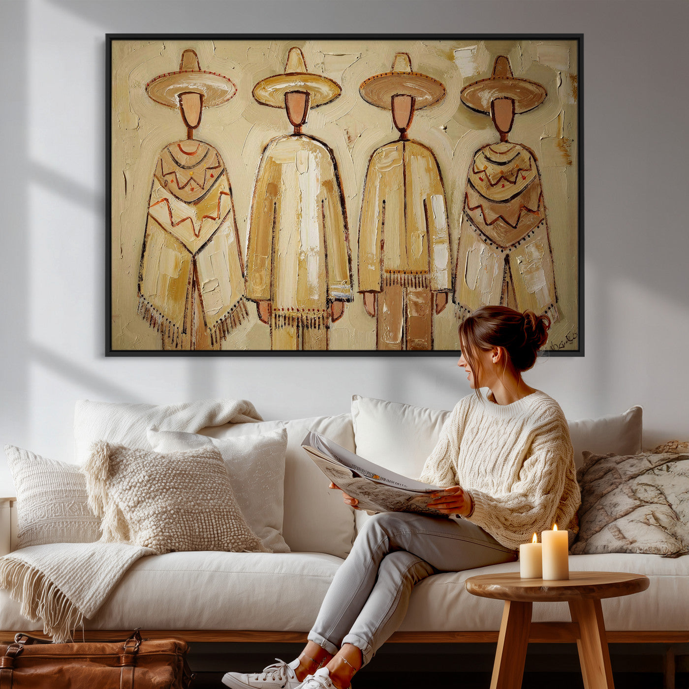 46071653-MGV-CV-36X24 - Mexican Folk Art Canvas Wall Art, Charro Poncho Sombrero Painting Print, Neutral Beige Boho Decor, Southwestern Impasto Style, Living Room Art