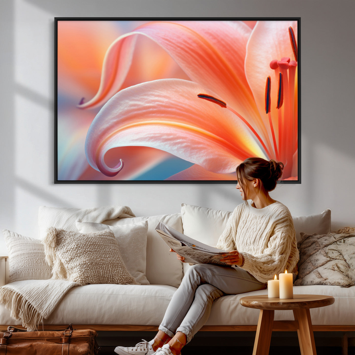 69566231-MGV-CV-36X24 - Peach Lily Canvas Wall Art, Coral Pink Flower Macro Photo Print, Botanical Bedroom Decor, Soft Floral Photography, Living Room Wall Art