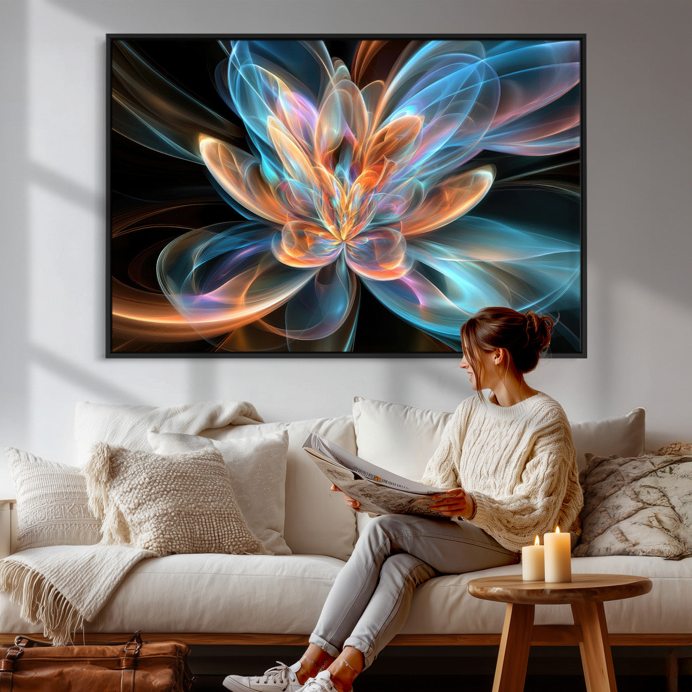 91902283-MGV-CV-36X24 - Fractal Lotus Canvas Wall Art, Blue Orange Glowing Flower Abstract Print, Modern Zen Meditation Room Decor, Ethereal Digital Art, Living Room