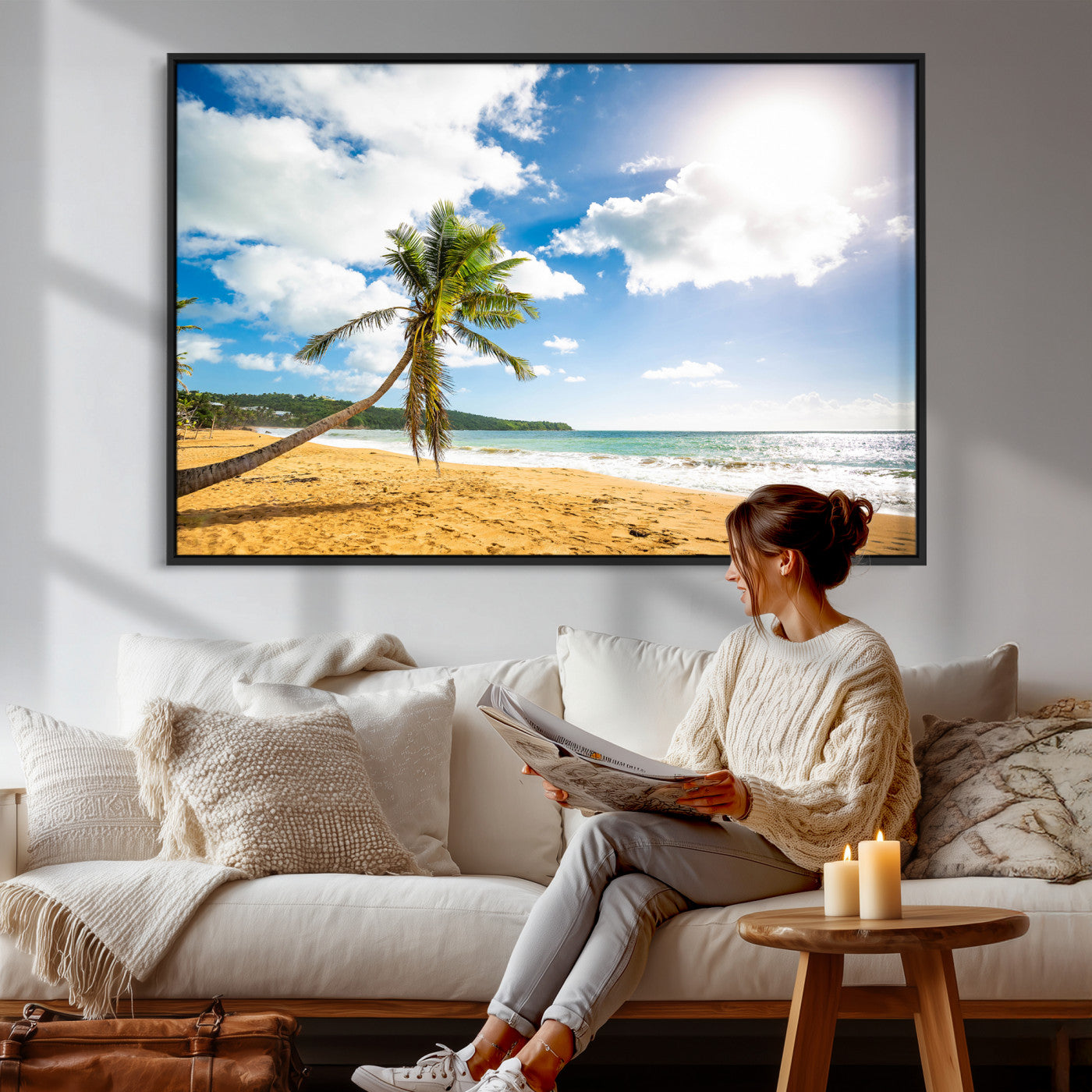 79108949-MGV-CV-36X24 - Tropical Beach Canvas Wall Art, Palm Tree Ocean Photo Print, Coastal Living Room Decor, Turquoise Sea Beach House Art, Summer Wall Art
