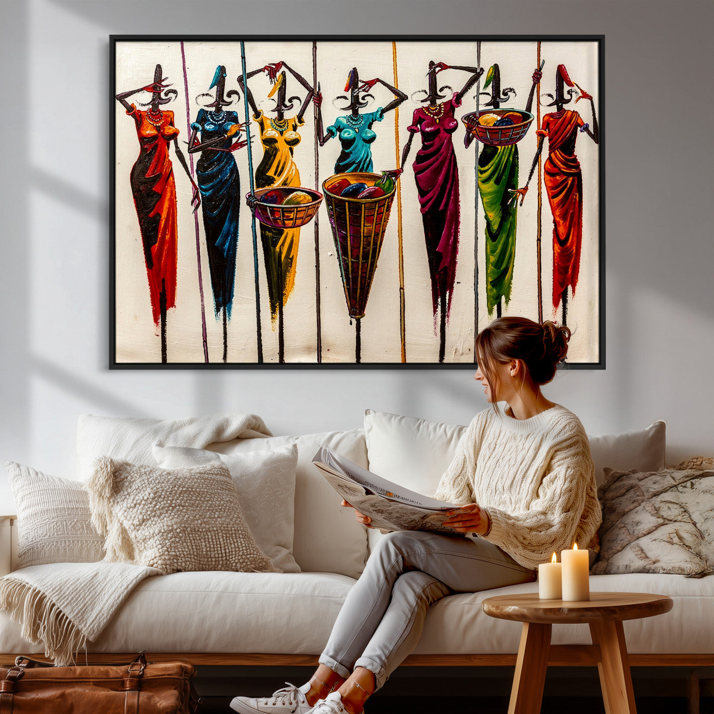 53545627-MGV-CV-36X24 - African Folk Art Canvas Wall Art, Colorful African Women Village Painting Print, Tribal Ethnic Home Decor, Vibrant African Art, Living Room
