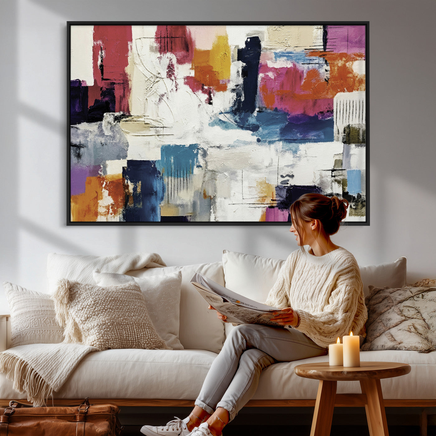 57864023-MGV-CV-36X24 - Blue Teal Abstract Canvas Wall Art, Modern Textured Painting Print, Navy Orange White Contemporary Art, Neutral Living Room Decor, Office Art