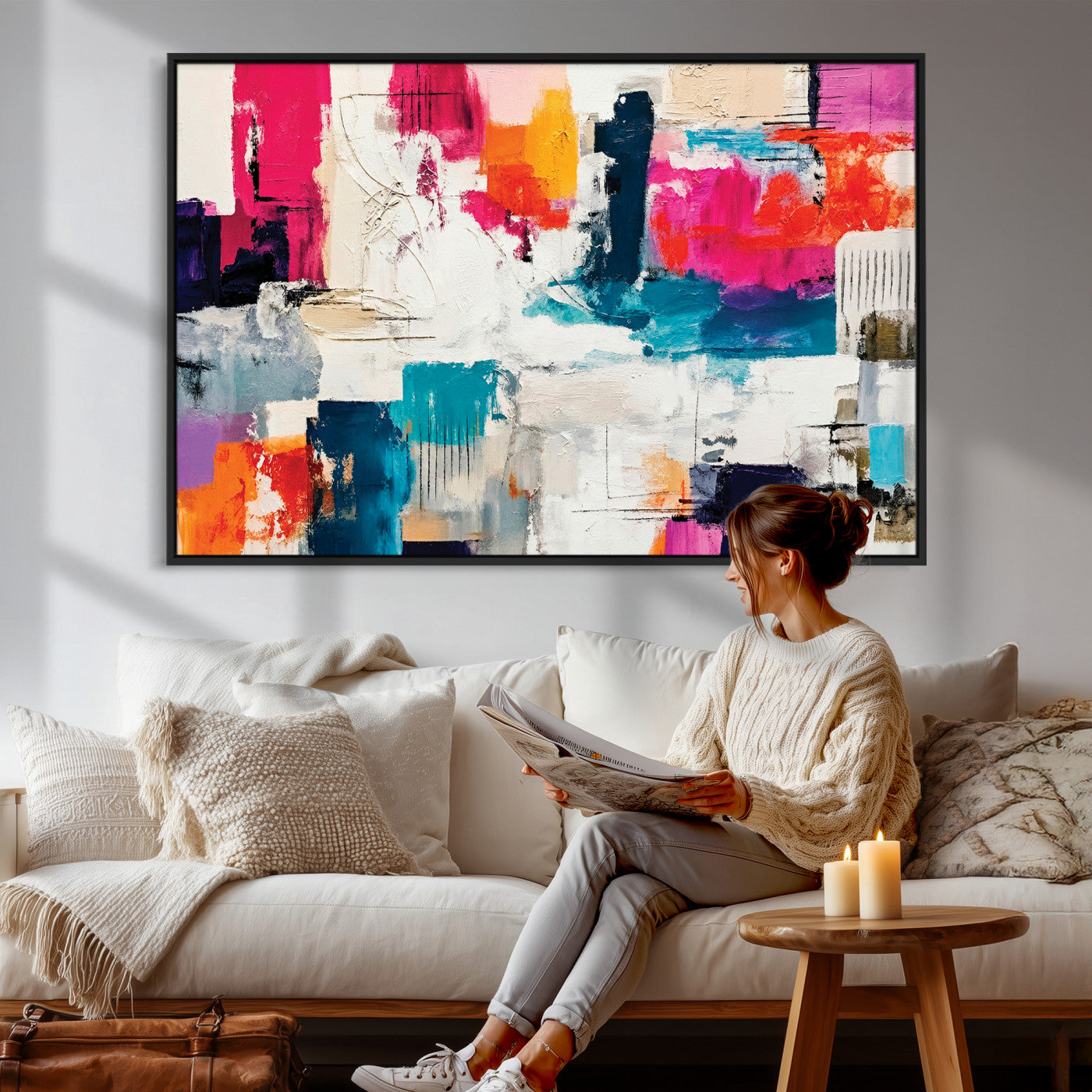 57864023-MGV-CV-36X24 - Blue Teal Abstract Canvas Wall Art | Modern Textured Painting Print, Navy Orange White Contemporary Art, Neutral Living Room Decor, Office Art