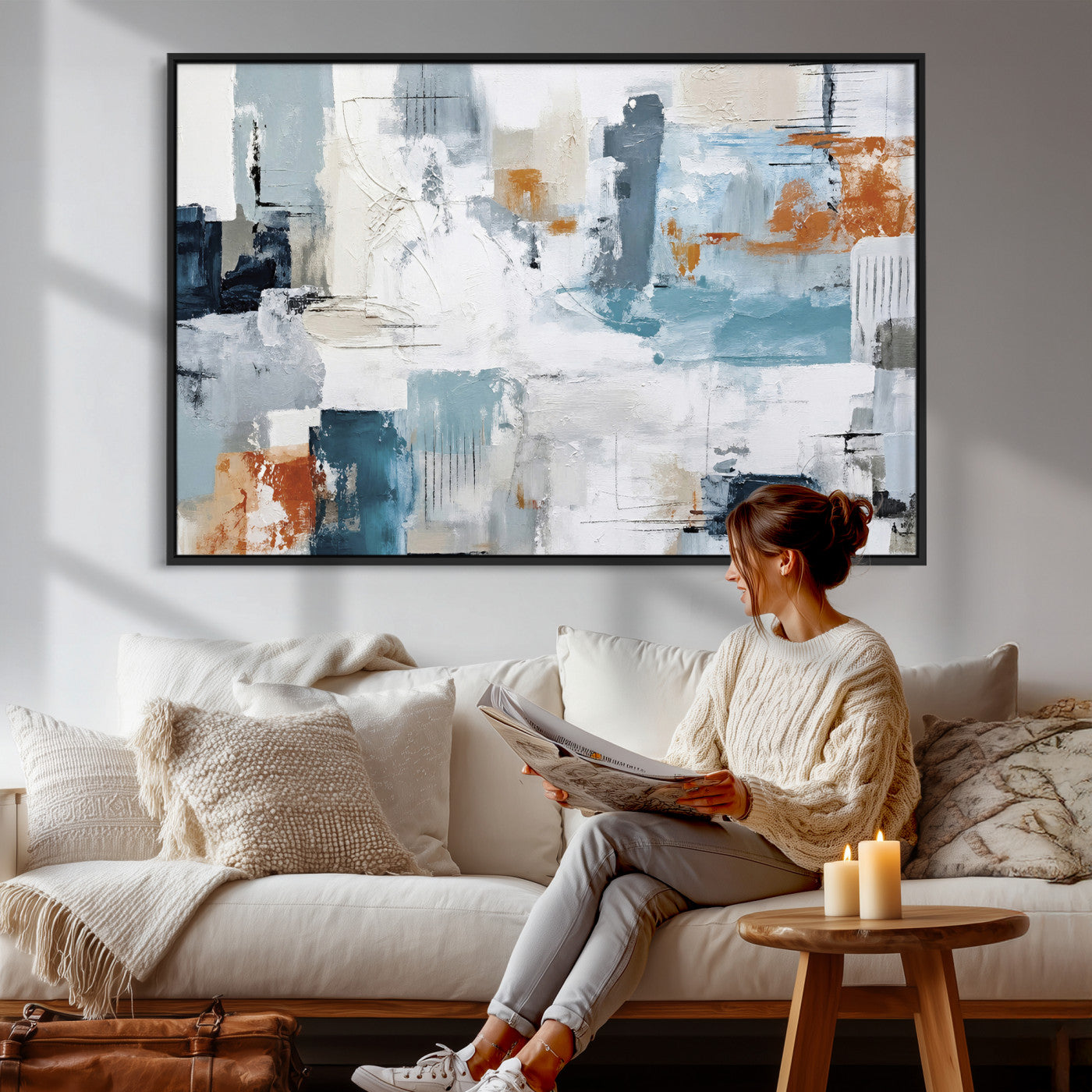 98638479-MGV-CV-36X24 - Blue Teal Abstract Canvas Wall Art, Modern Textured Painting Print, Navy Orange White Contemporary Art, Neutral Living Room Decor, Office Art