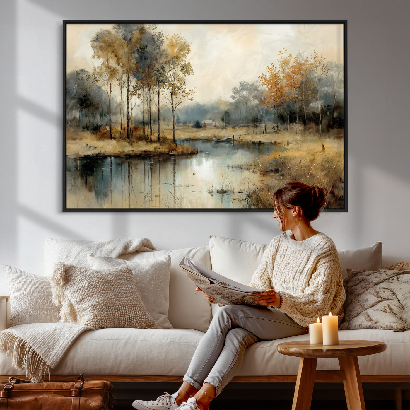 74391095-MGV-CV-36X24 - Abstract WatercolorAutumn Lake Canvas Wall Art Print, Misty Forest Landscape, Rustic Nature Painting, Cabin Wall Decor | Ready to Hang