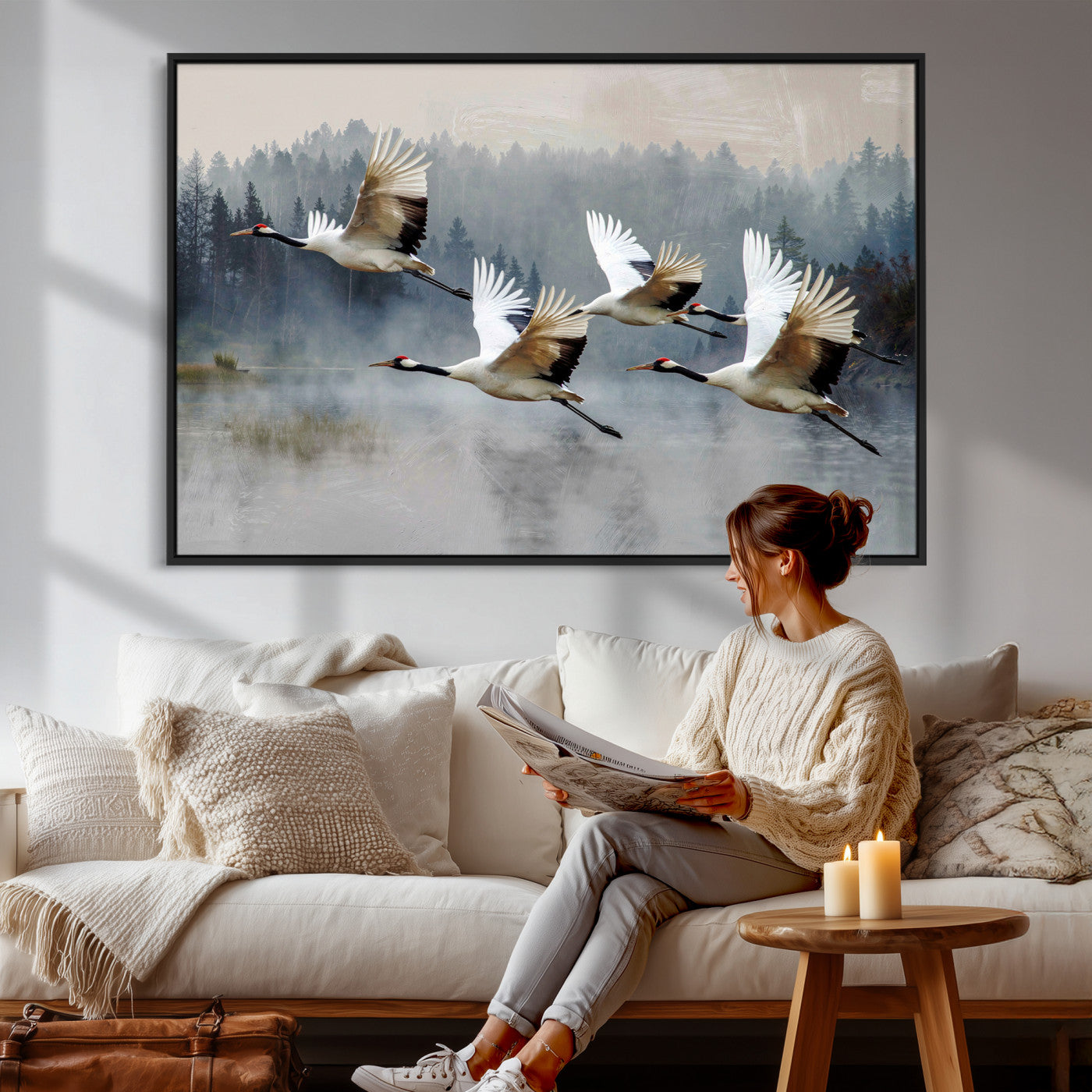 24356826-MGV-CV-36X24 - Flying Crane Canvas Wall Art Print, White Crane Bird Artwork, Wildlife Nature Decor, Lake Landscape Canvas - Ready to Hang