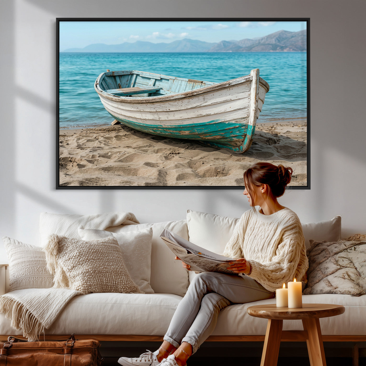 49963709-MGV-CV-36X24 - Coastal Boat Canvas Wall Art Print, Beach Boat Painting, Nautical Ocean Decor, Seascape Wall Art - Ready to Hang