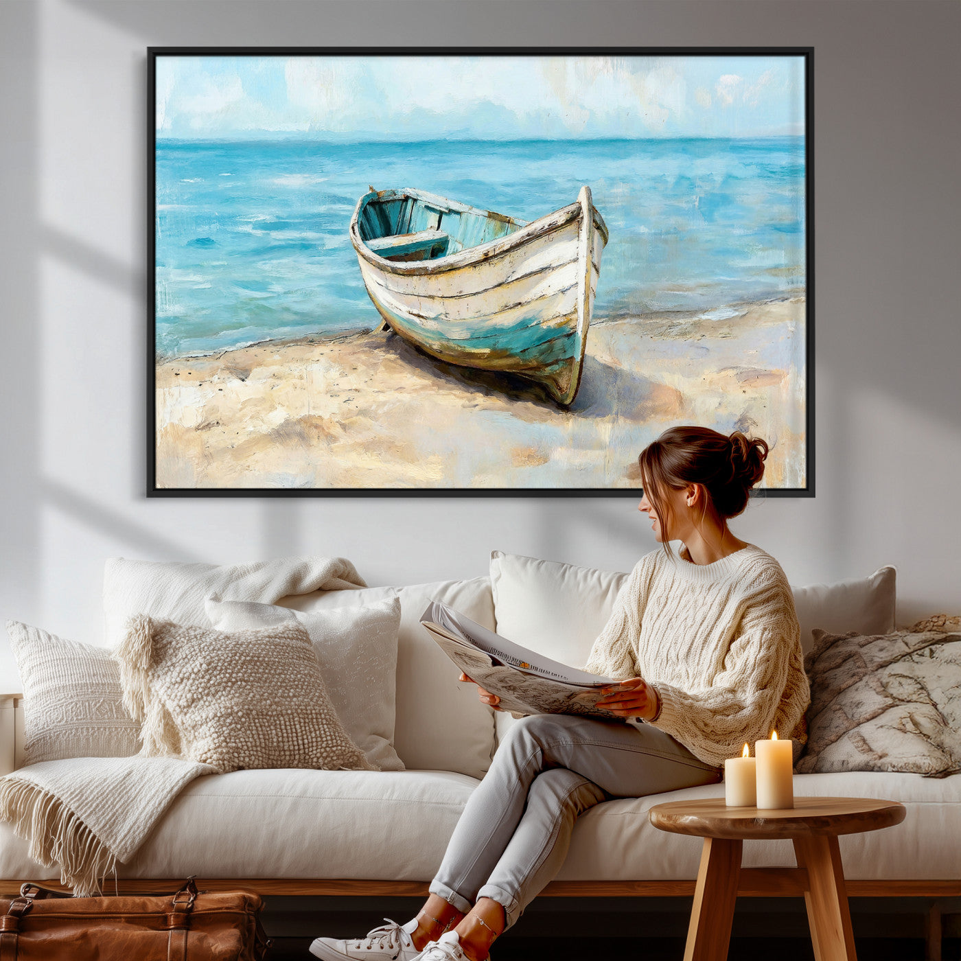 14780565-MGV-CV-36X24 - Coastal Boat Canvas Wall Art Print, Beach Boat Painting, Nautical Ocean Decor, Seascape Wall Art, Ready to Hang