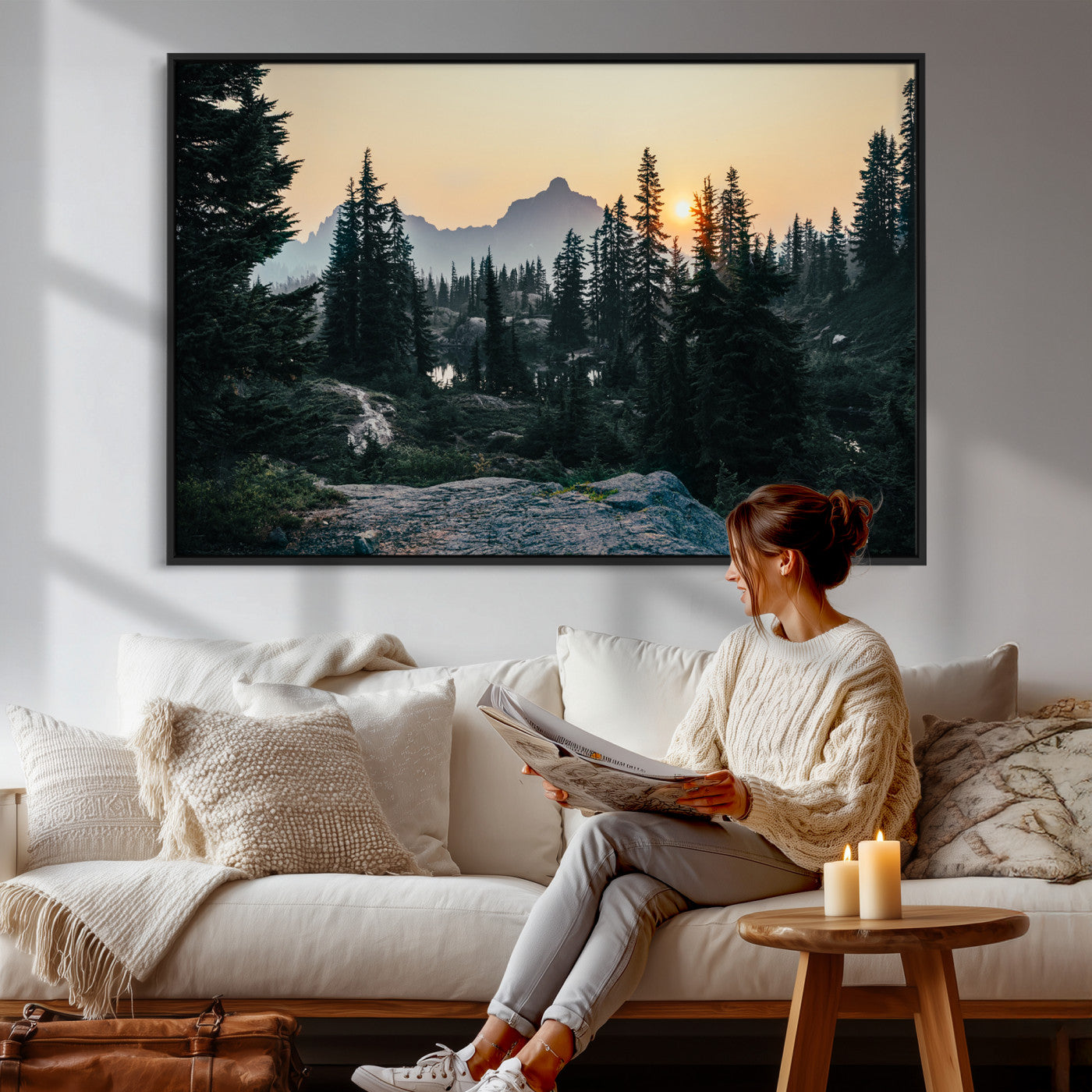 89996020-MGV-CV-36X24 - Mountain Forest Canvas Wall Art Print, Pine Tree Landscape, Sunset Nature Photography, Wilderness Wall Decor, Ready to Hang