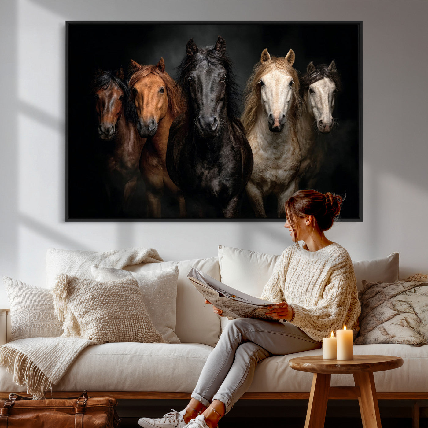 77696206-MGV-CV-36X24 - Horse Wall Art Canvas Print, Wild Horses Portrait Photography, Animal Horse Decor, Black Brown White Horse Herd, Rustic Ranch Art