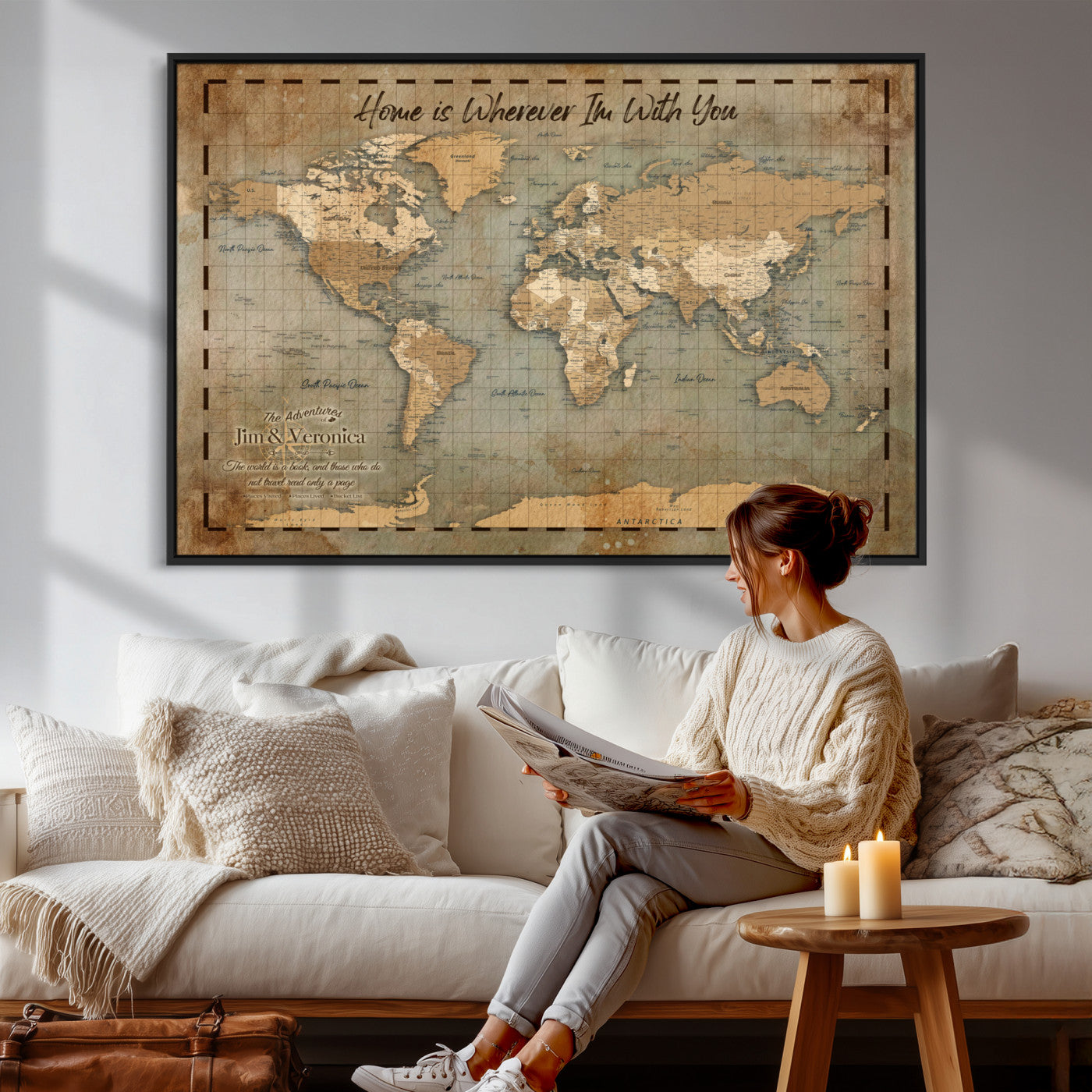 97123877-MGV-CV-36X24 - Vintage Custom Push Pin World Map, Vintage Travel Map Canvas, Personalized Names Anniversary Gift, Places Visited Pin Board, Couples Adventure Art