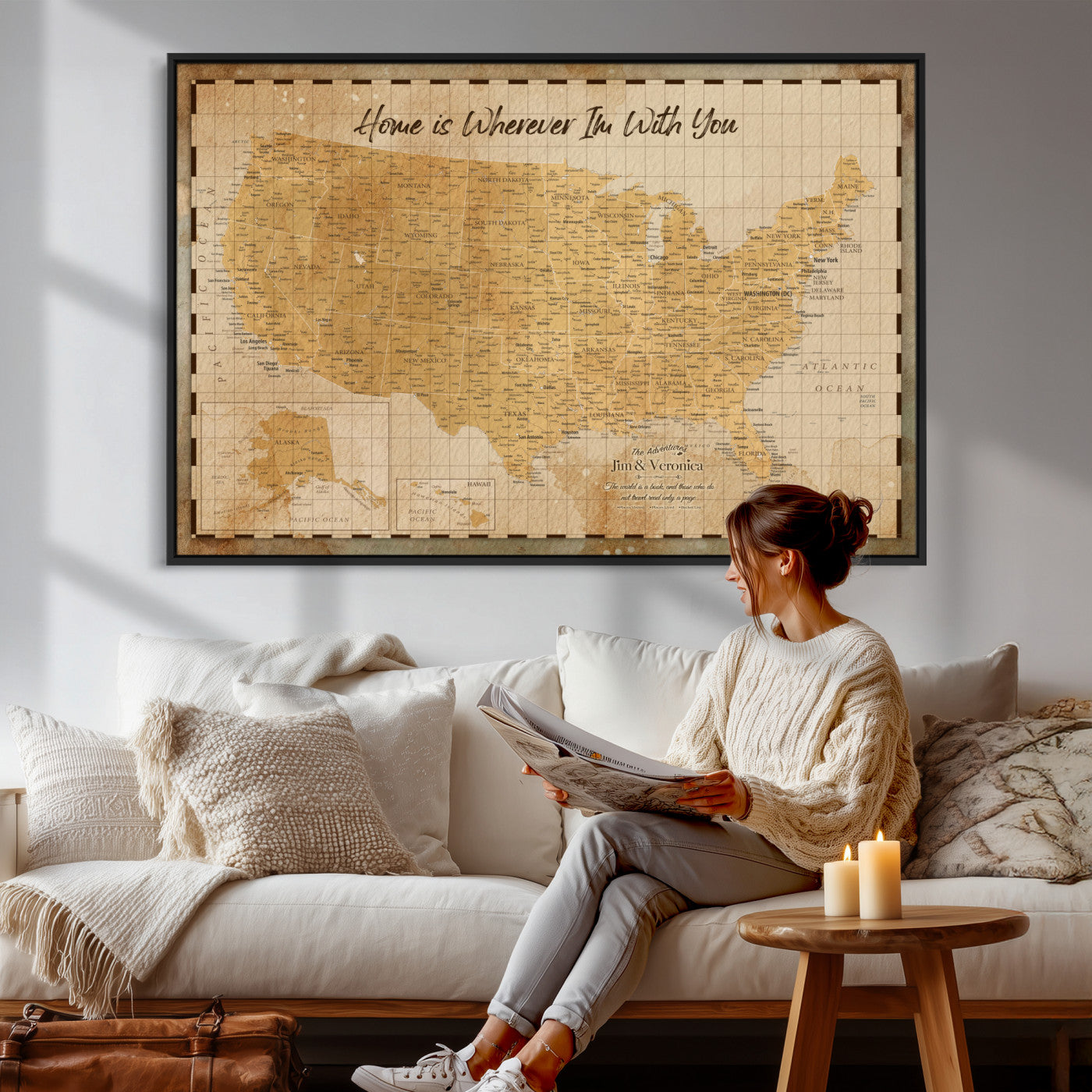 62164711-MGV-CV-36X24 - Personalized USA Push Pin Travel Map, Custom United States Map, Push Pin Map, USA Bucket List Map, Anniversary Gift - Couple Travel Map Wall Art