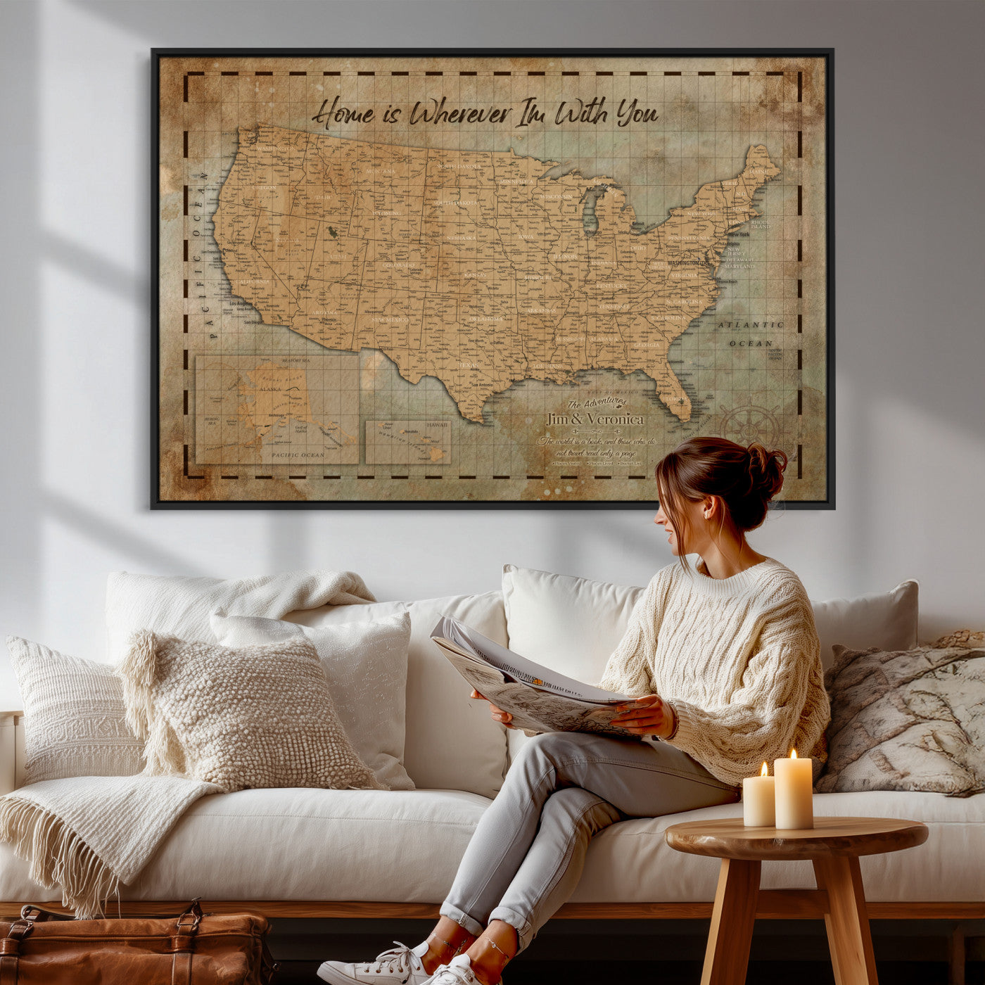 87620242-MGV-CV-36X24 - Personalized USA Push Pin Travel Map, Custom United States Map, Push Pin Map, USA Bucket List Map, Anniversary Gift, Couple Travel Map Wall Art