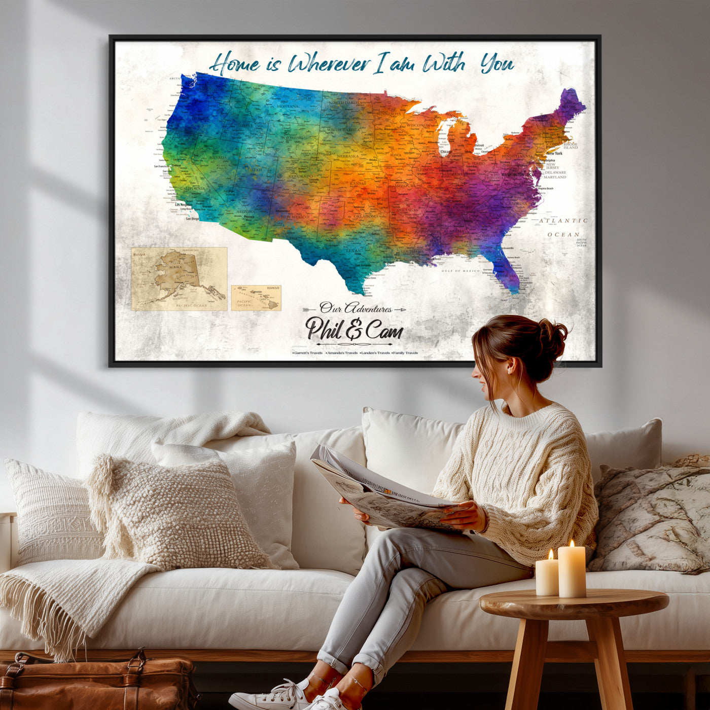 17251793-MGV-CV-36X24 - Watercolor USA Travel Map with Pins Colorful Modern Canvas Wall Art