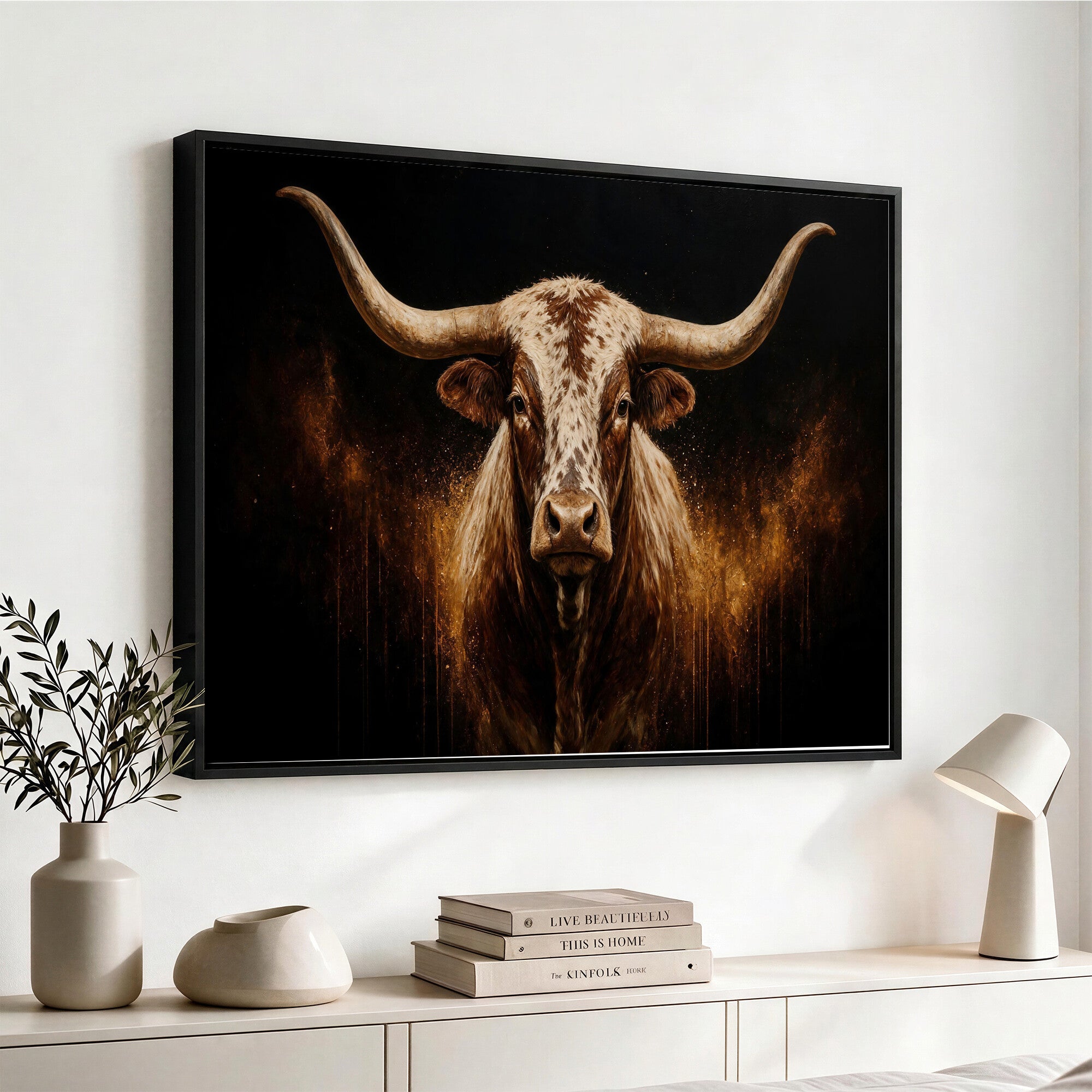 62076449-MGV-CV-36X24 - Texas Bull Cow Longhorn Canvas Wall Art Moody Western Bull Oil Painting Print