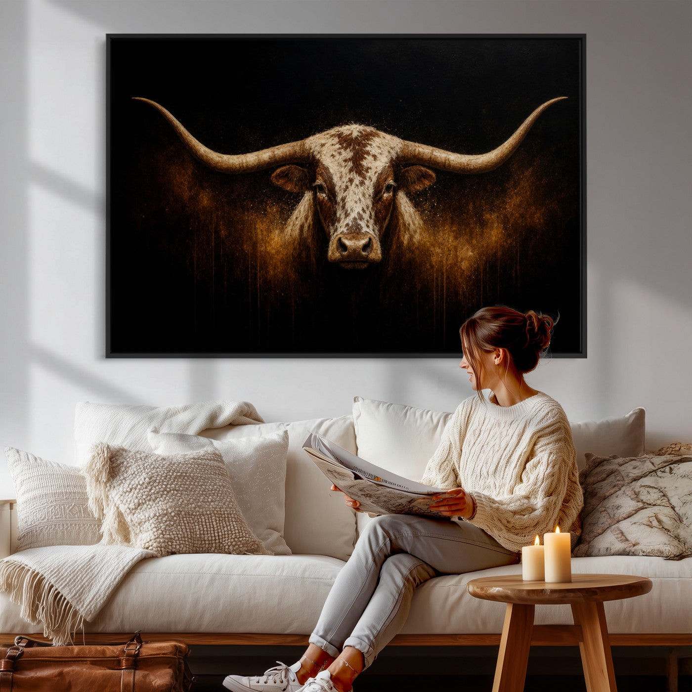 12628958-MGV-CV-36X24 - Texas Longhorn Canvas Wall Art Moody Western Bull Oil Painting Print
